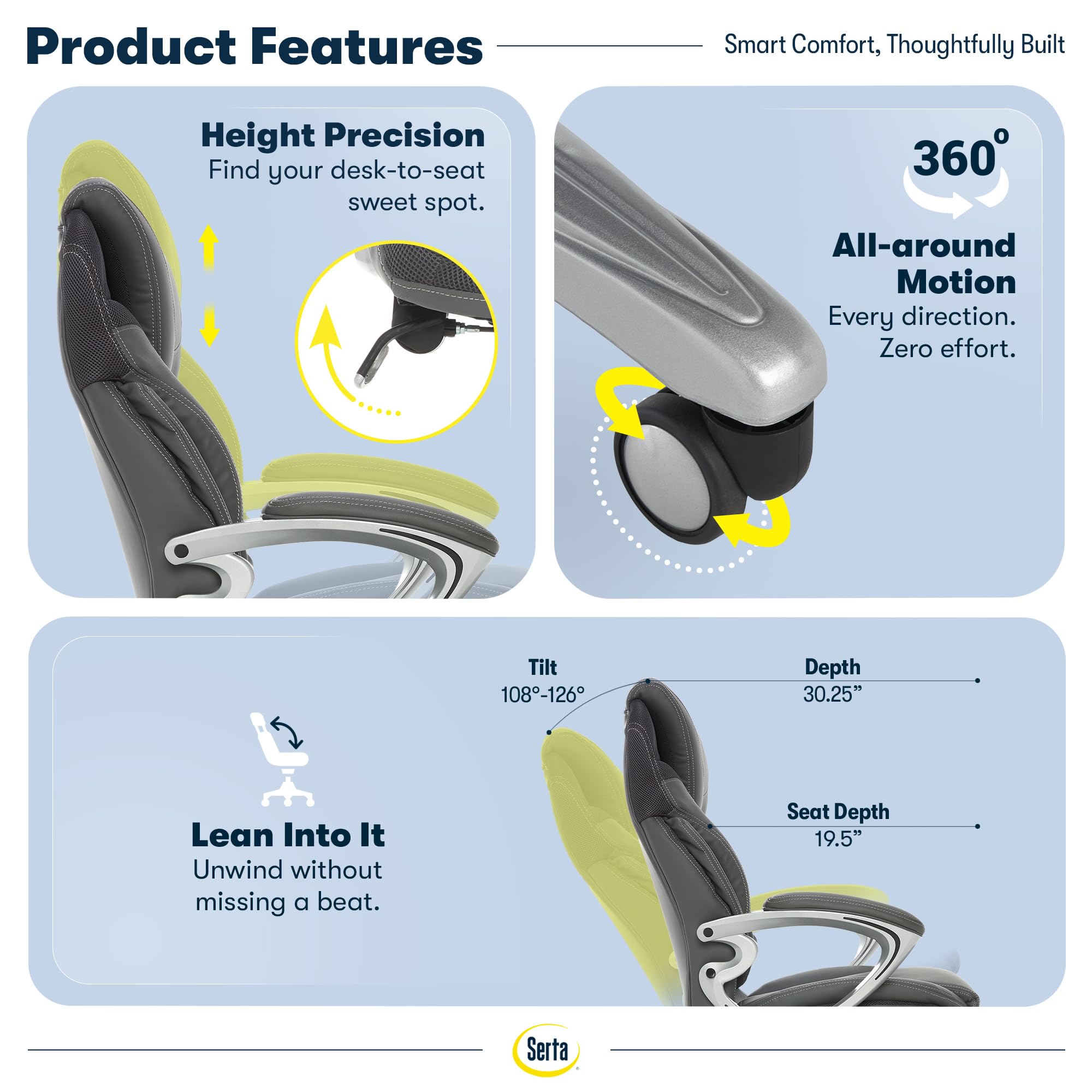 Serta Bryce Executive Office Chair - Ergonomic Computer DeskChair with Lumbar Technology - Adjustable Height - Memory Foam Body Pillows - 360° Swivel Rolling Base - Bonded Leather - Black