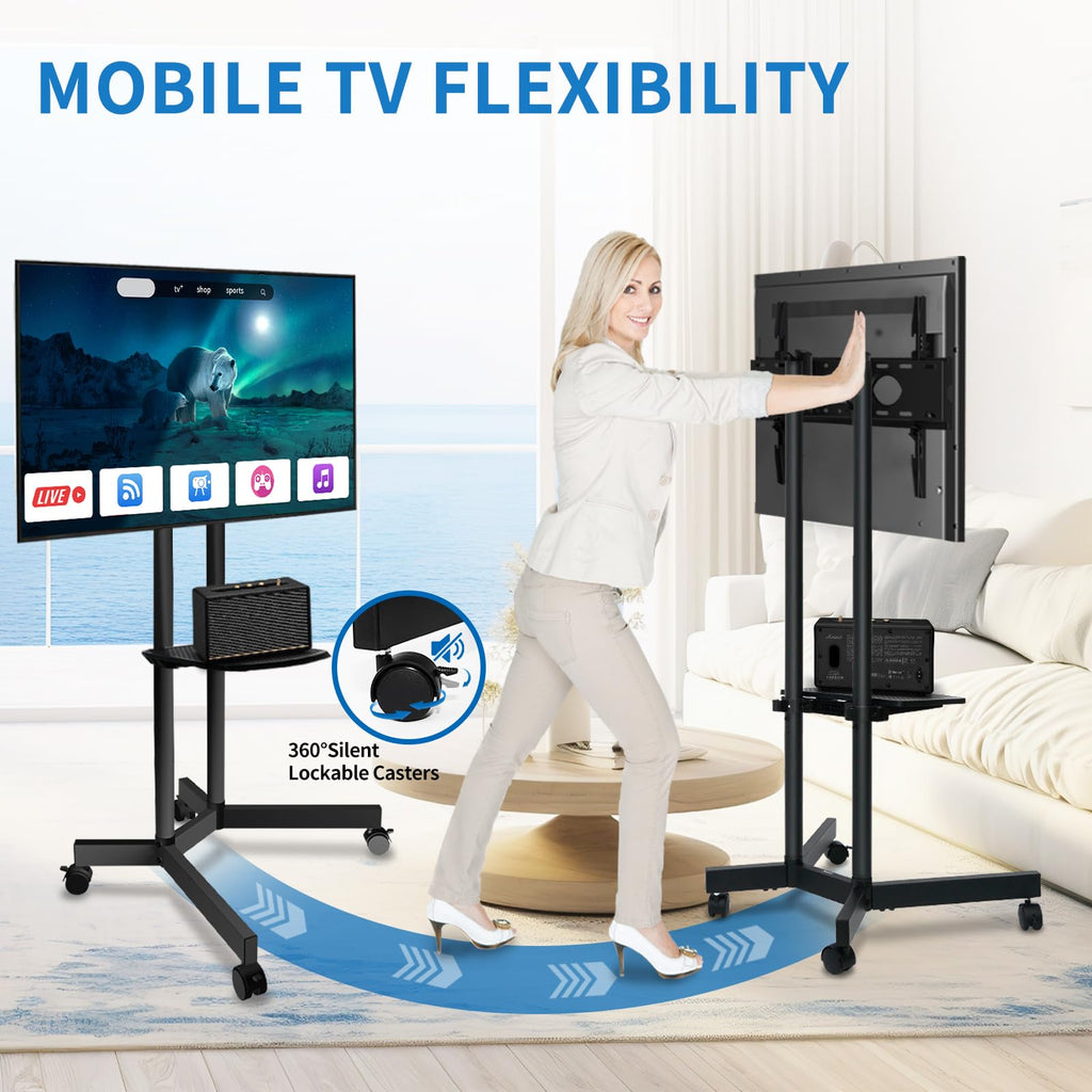 Solid Grace Rolling TV Stand with Power Outlet for 32-75 Inch TVs up to 88lbs, Portable TV Stand with Shelf, Mobile TV Cart for Living Room, Office, Meeting Room, Outdoor(with Power Outlet+Shelf)