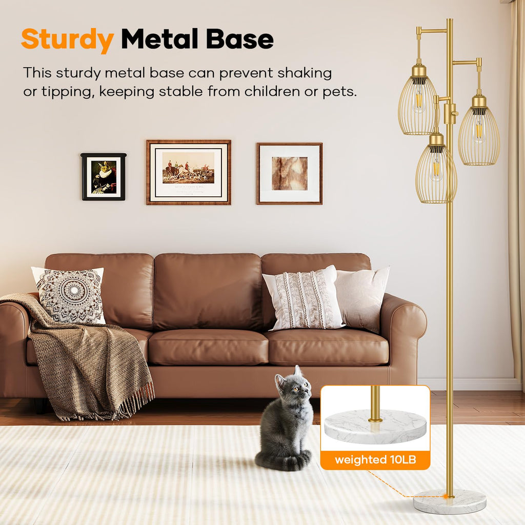 Dimmable Floor Lamp, 3 x 800LM LED Edison Bulbs Included, Farmhouse Industrial Floor Lamp Standing Tree Lamp with Elegant Teardrop Cage Tall Lamps for Living Room Bedroom Office Dining Room-Brass