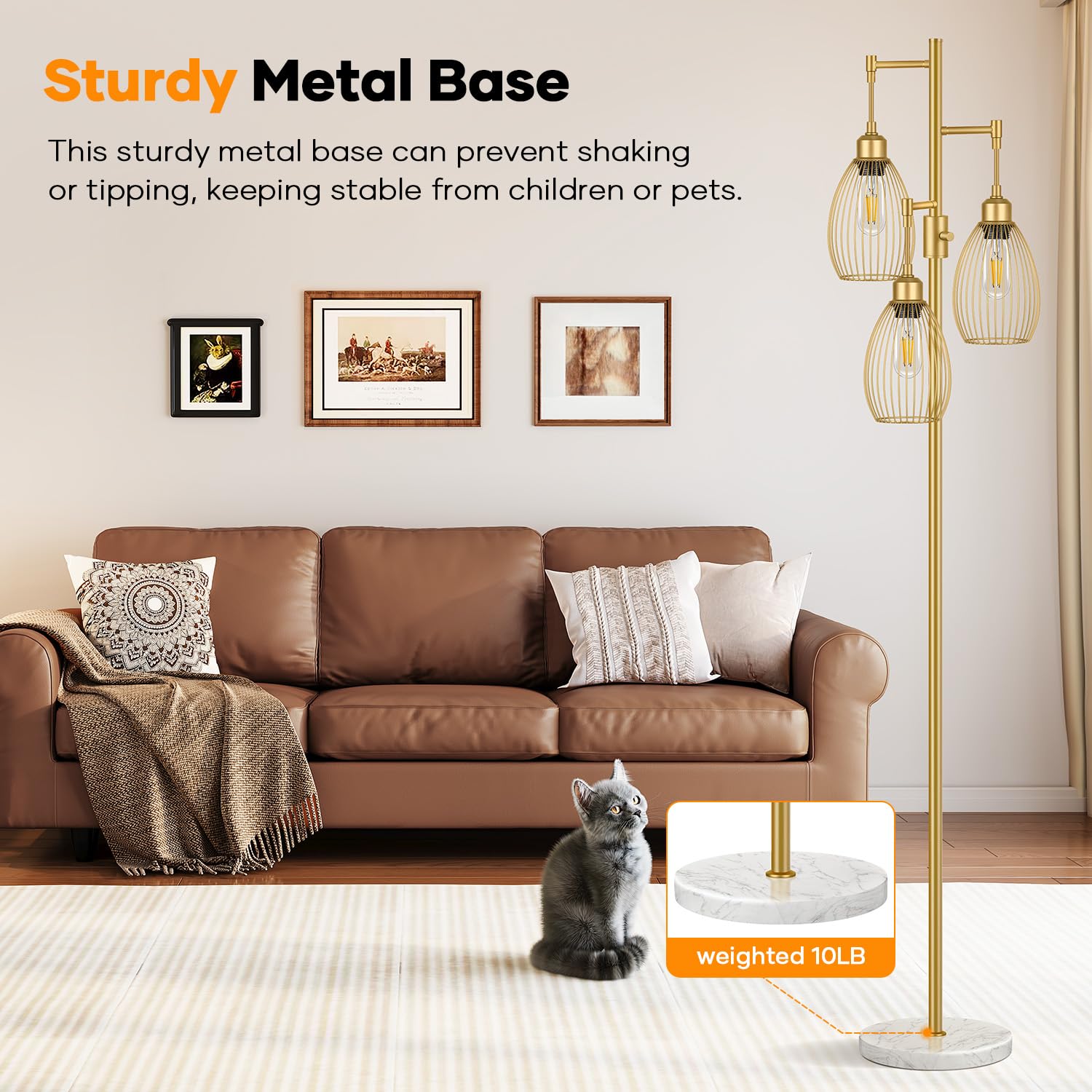 Dimmable Floor Lamp, 3 x 800LM LED Edison Bulbs Included, Farmhouse Industrial Floor Lamp Standing Tree Lamp with Elegant Teardrop Cage Tall Lamps for Living Room Bedroom Office Dining Room-Brass