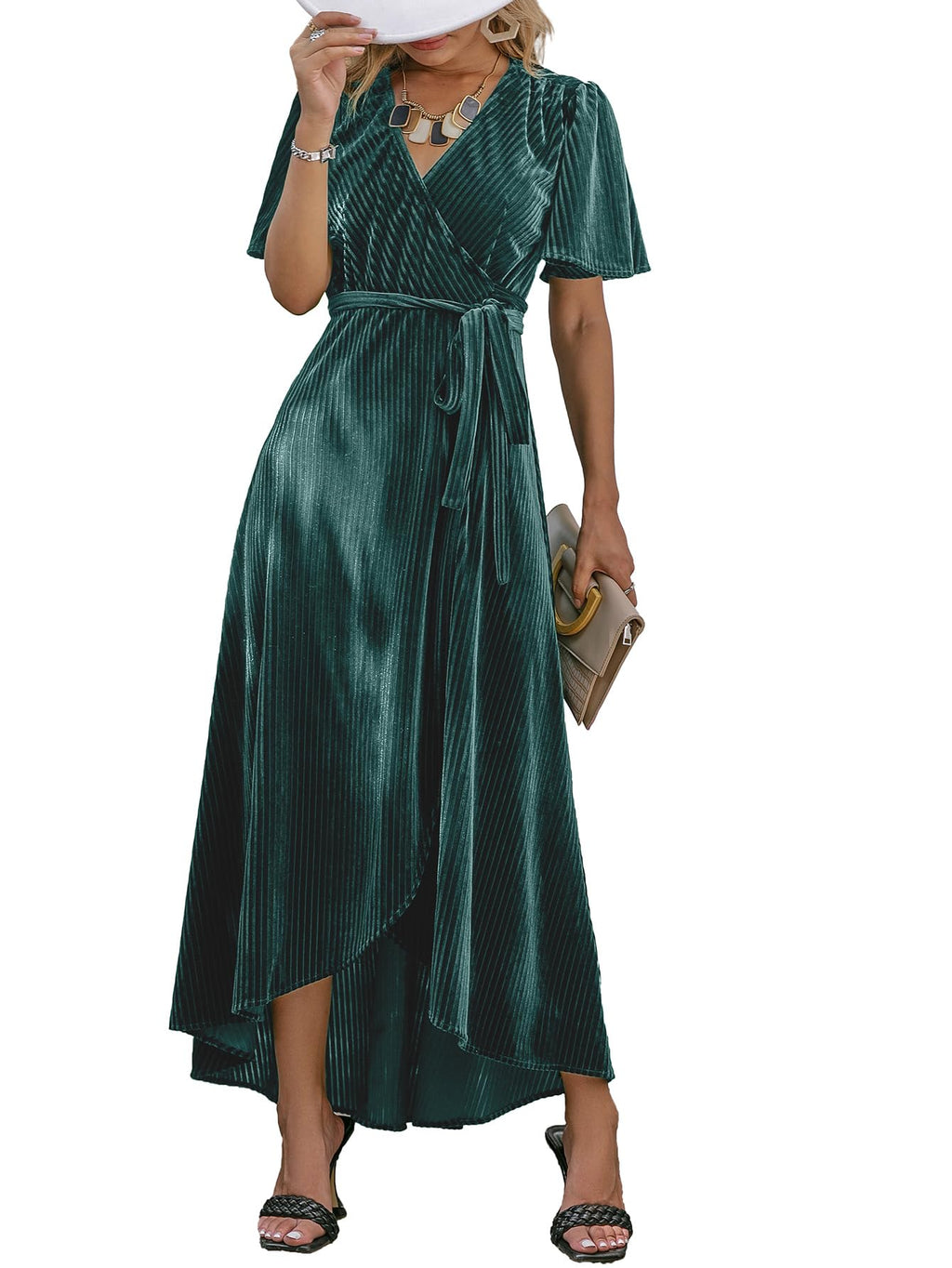 BerryGo Women's Velvet V Neck Wrap Semi Formal Dress Cocktail Party Maxi Dress for Wedding Guest