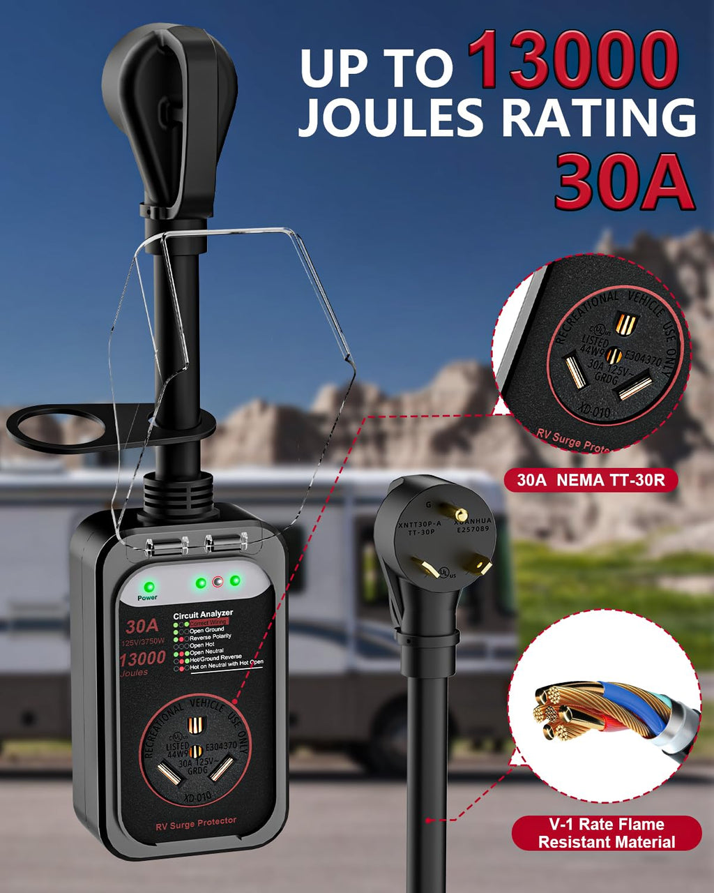 RV Surge Protector 30 Amp, 10000 Joules RV Circuit Analyzer with Waterproof Cover,RV Adapter Plug for Camper Travel Trailers (30 AMP)