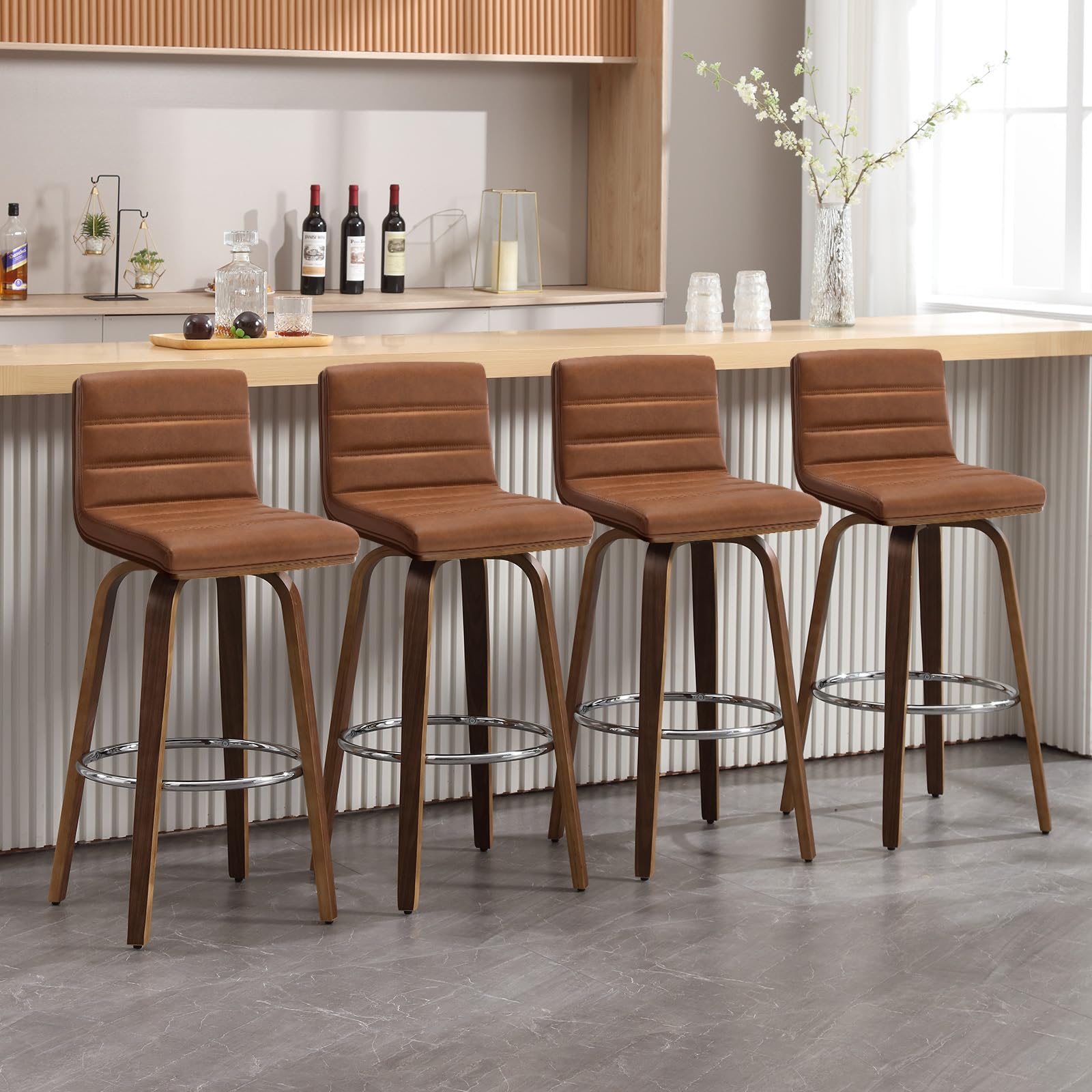 Bar Stools 29 Inch Bar Height, Swivel Bar Stools with Backs Upholstered PU Leather Barstool, L Shape Back and Padded Seat, Mid-Century Modern Bar Stool Pub Chairs for Kitchen Counter Island, Black