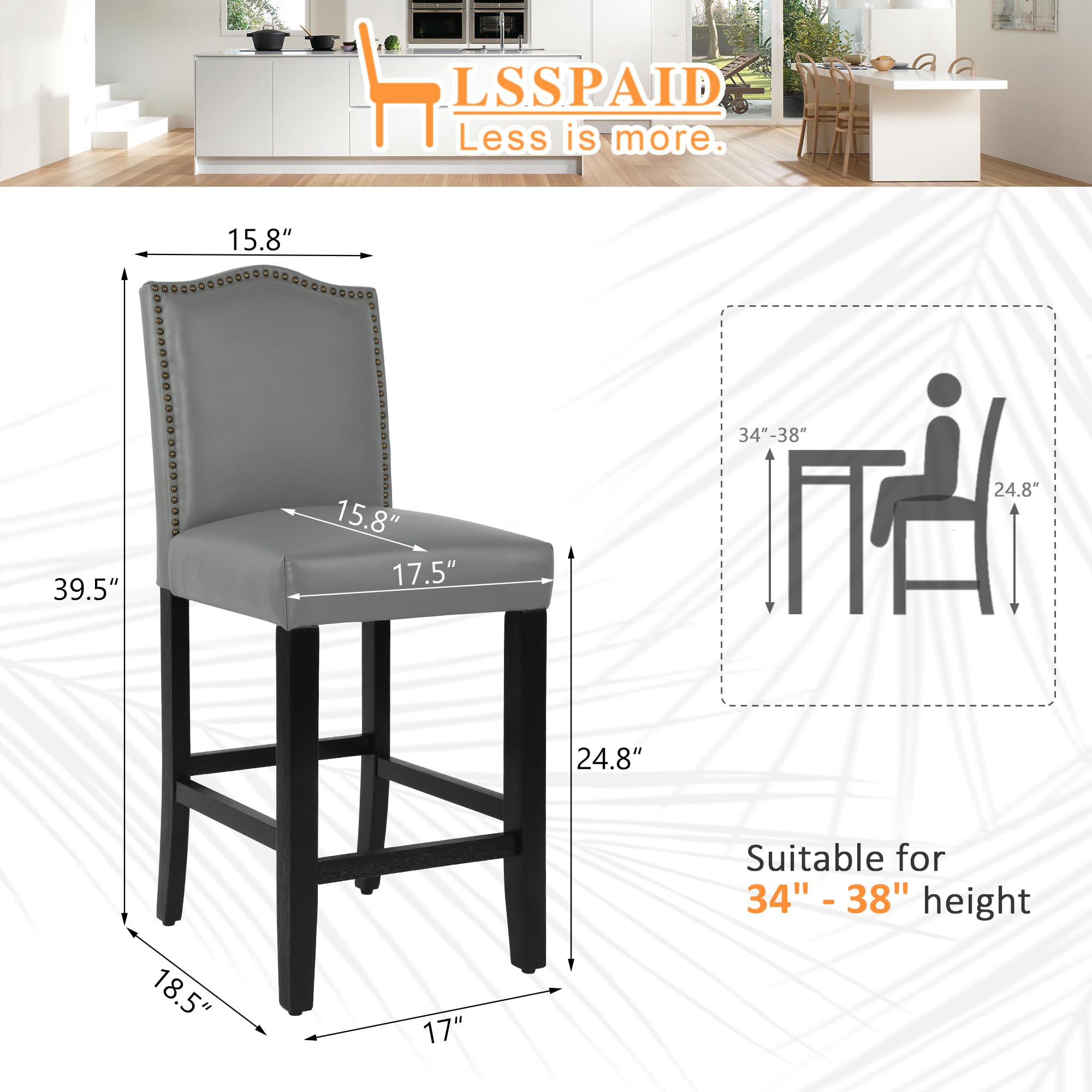 LSSPAID Counter Height Bar Stools Set of 2, 24.8 Inch Modern Upholstered Fabric Barstools, Kitchen Island Chairs with Bronze Nail Backrest and Solid Wood Legs for Kitchen Pub Home Cafe, Beige