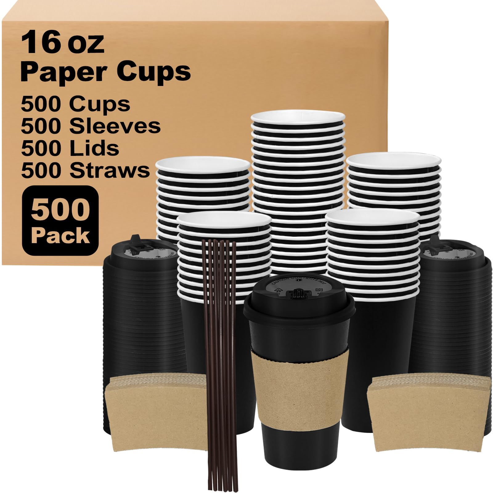16 oz 100 Pack Corrugated Ripple Wall Disposable Coffee Cups with Lids and Straws, Heavy Duty Insulated Cups for Hot Beverage or Cold Drinks, Bulk for Restaurants, Offices, Coffee Shops(Black)