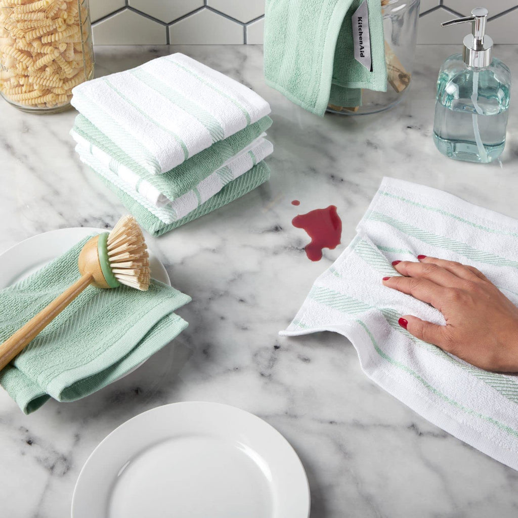 KitchenAid Albany Dishcloth 8 Pack Set, Aqua Sky/White, 12"x12"