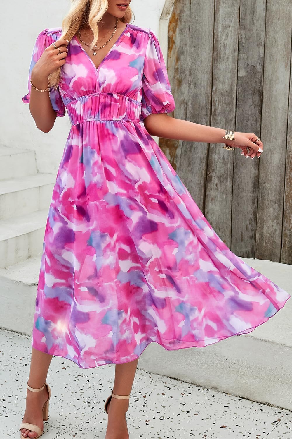 UEAL Womens Floral Flowy Wrap V Neck Midi Dress Short Sleeve Elastic Waist Casual Spring Summer Dresses for Women 2025