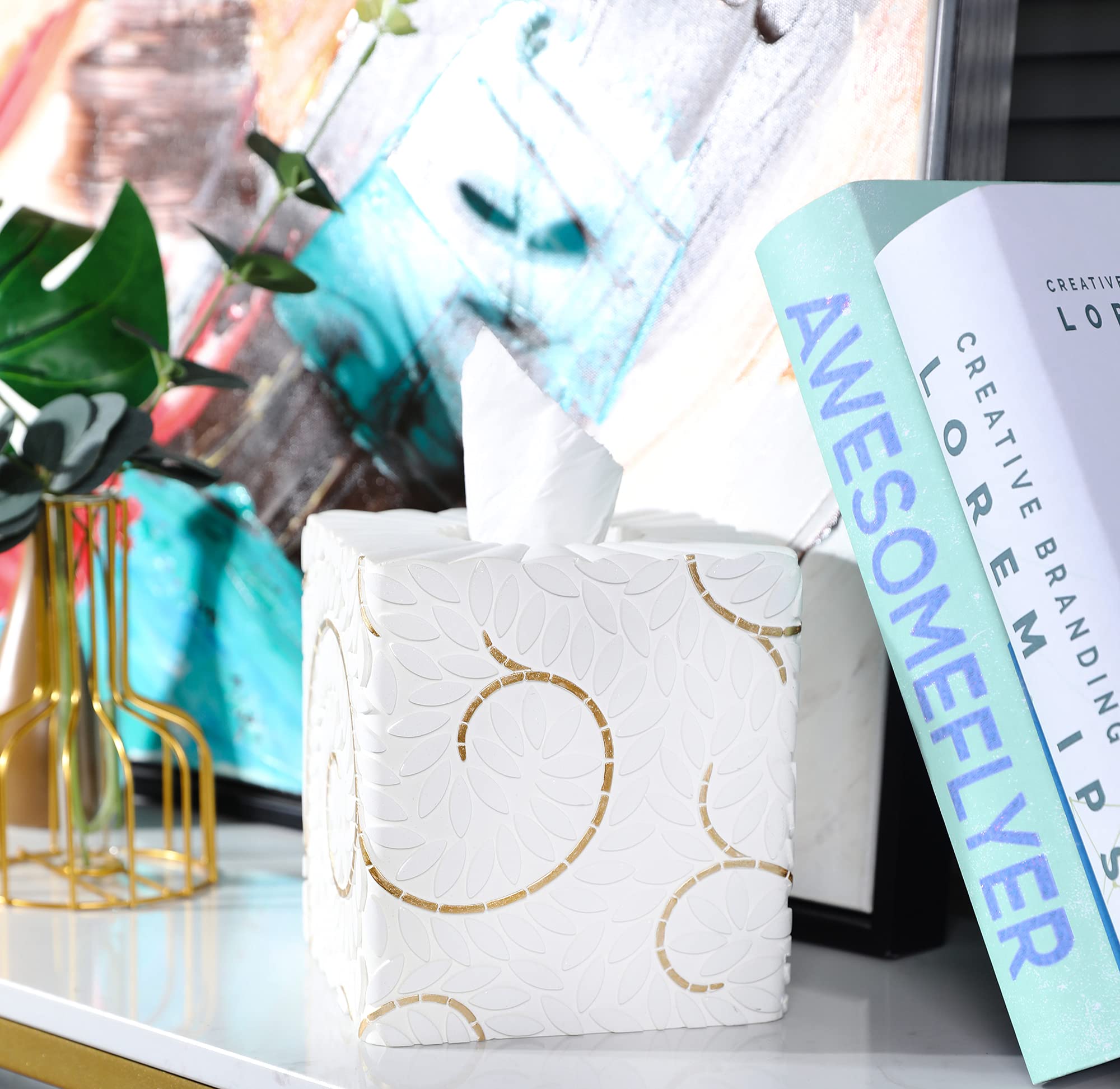 Hymmah Square Tissue Box Cover Holder with Tray,Unique Cube Design Tissue Dispenser Cover Decor for Vanity Counter Tops Also Great for Bedroom and Living Room