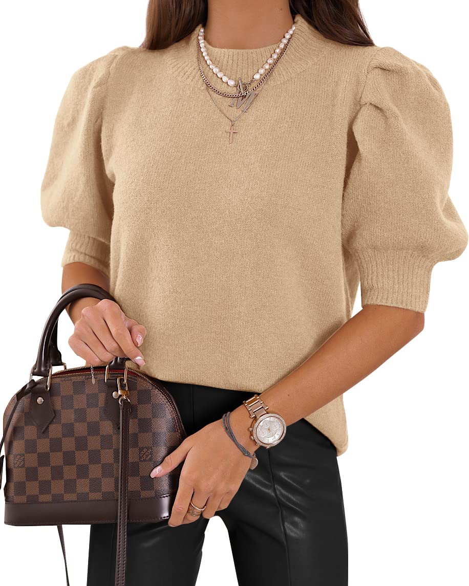 Women's Puff Short Sleeve Sweater Tops 2025 Summer Fall Trendy Knit Crew Neck Casual T Shirts Blouses
