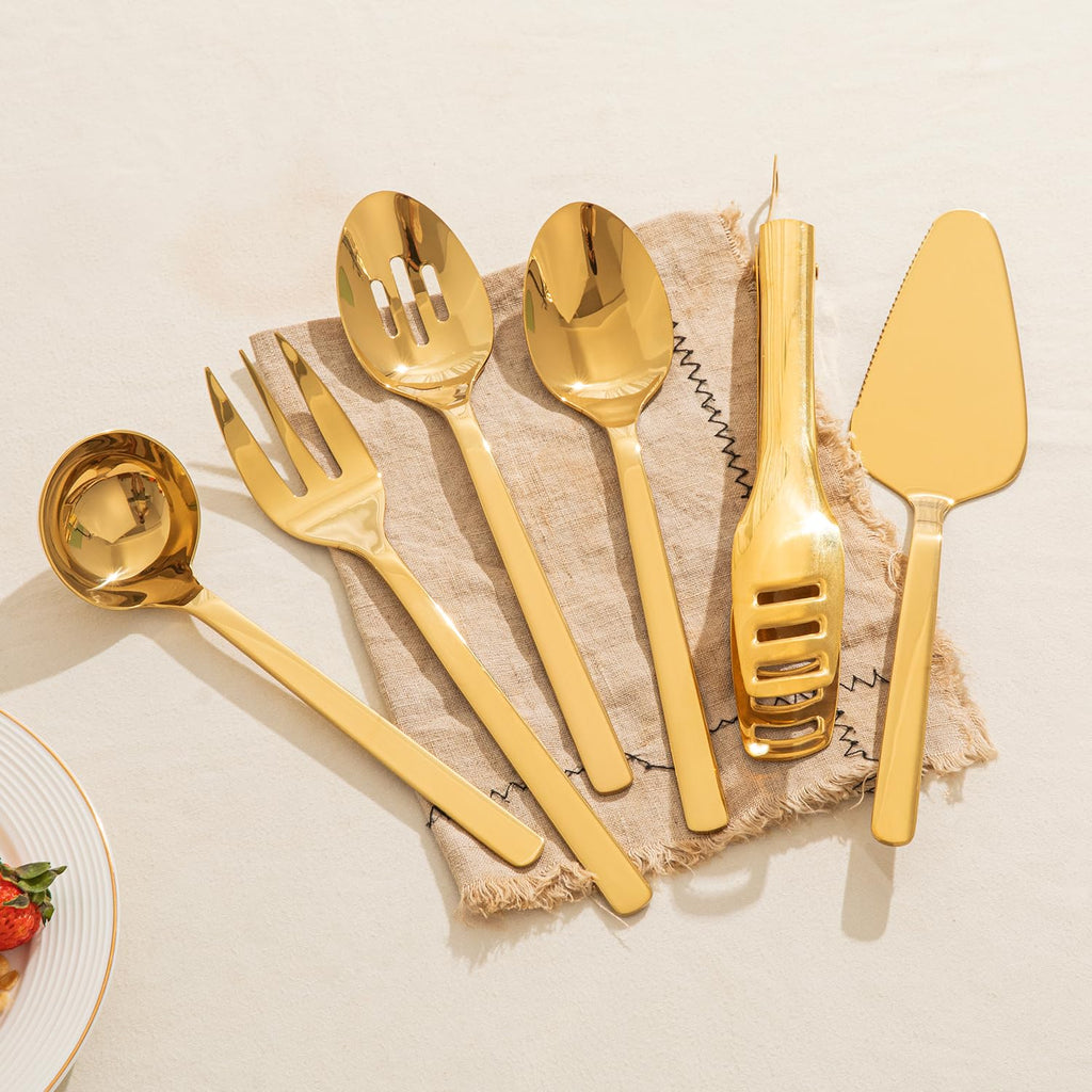 KINGSTONE Large Hostess Gold Serving Utensils Set,18/10 Stainless Steel Heavy Duty 10inch Serving Spoons,Slotted Spoons,Serving Fork,Serving Tongs, Cake Pie Server For Buffet, Wedding, Party