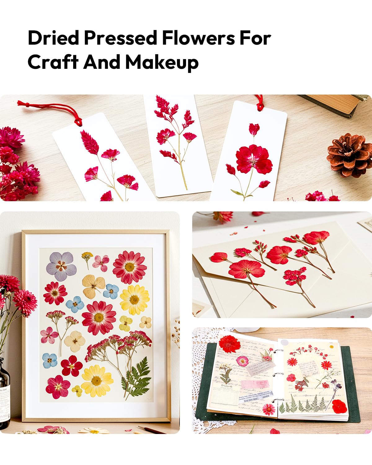 Dried Flowers, Resiners 58Pcs Pressed Flowers for Craft Pink Real Natural Dried Flowers Dry Leaves Kit for DIY Making Crafts Resin Soap Candle Scrapbook Supplies Card Making Jewelry