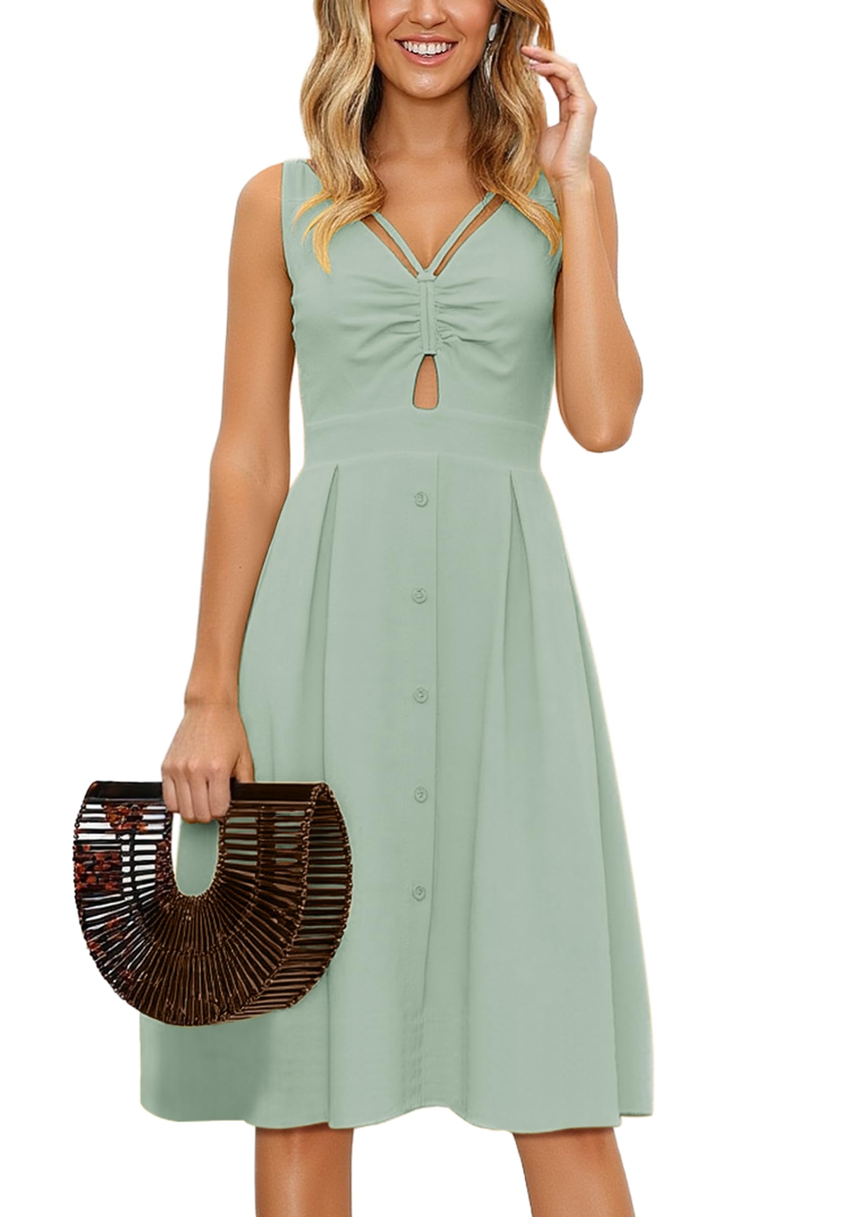 ECOWISH Women 2026 Summer Dresses Tie Front V-Neck Spaghetti Strap Button Down A-Line Backless Swing Midi Dress