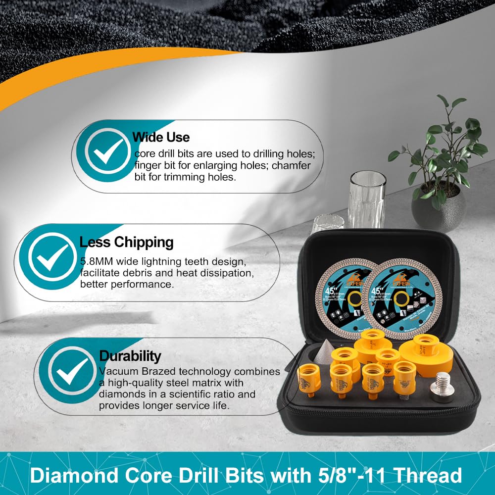 Diamond Tile Hole Saw Kit 12pcs - 6/8/10/25/35/50/65mm Core Drill Bits,10mm Milling Bit and 2" Chamfer Bit with Hex Adapter and 4.5" 2pcs Diamond Blade and for Tile Porcelain Marble