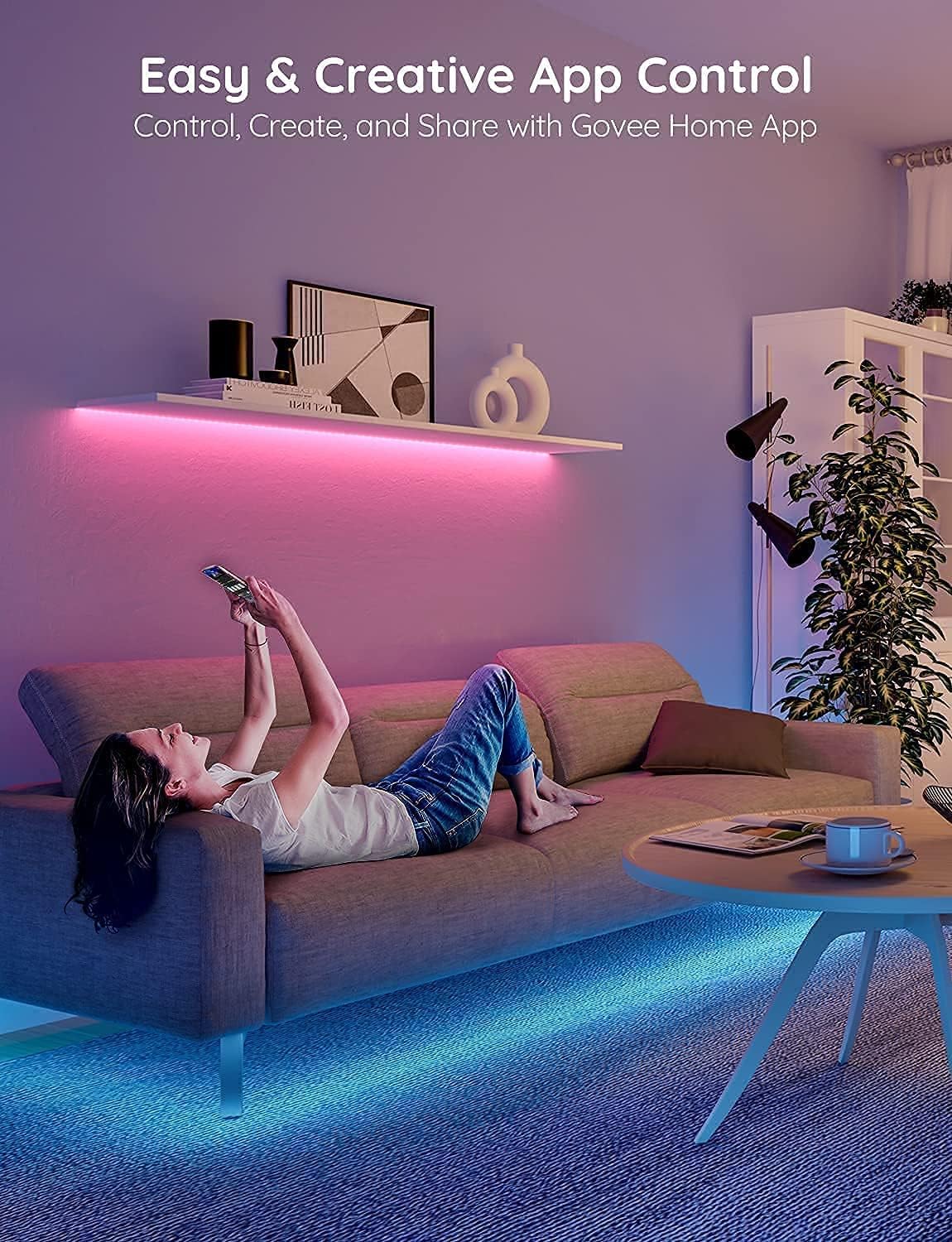 Govee 130ft LED Strip Lights, Bluetooth RGB LED Lights with App Control, 64 Scenes and Music Sync LED Lights Strip for Bedroom, Living Room, Party, ETL Listed Adapter (2 Rolls of 65ft)