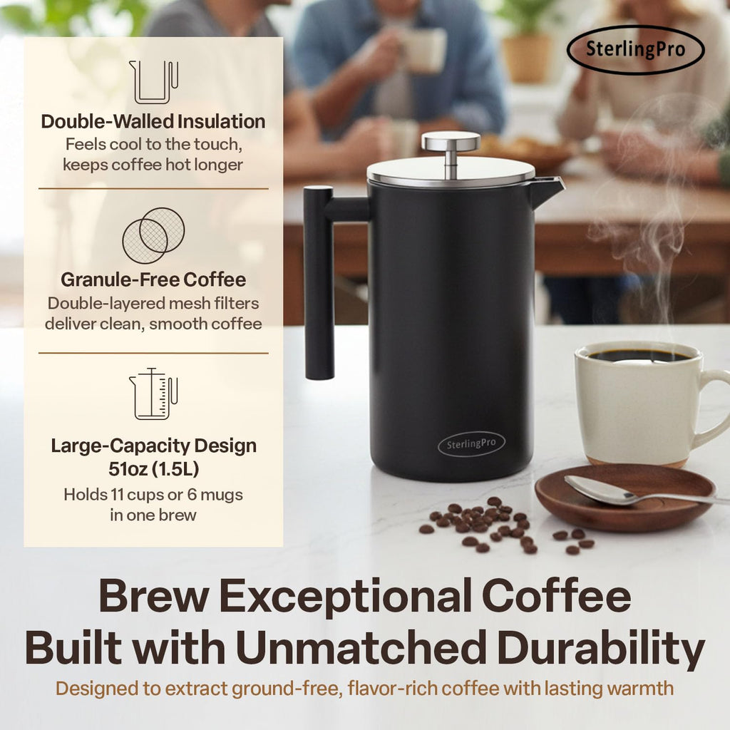 SterlingPro Stainless Steel French Press Coffee Maker 1 L (34 oz) Black – Double Walled Insulated Large Coffee Press, Durable Design Keeps Drinks Hot, Easy to Use and Clean for Rich Flavor Brewing