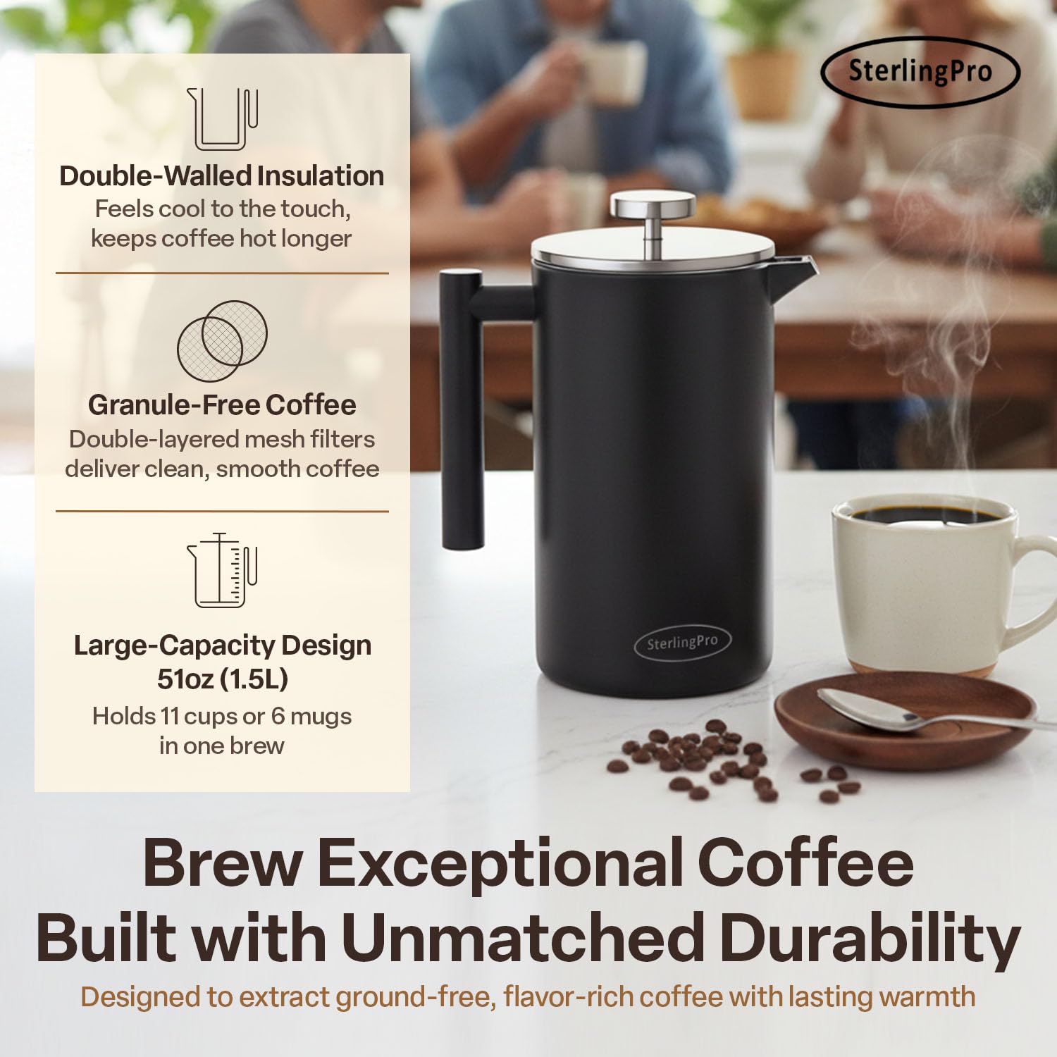 SterlingPro Stainless Steel French Press Coffee Maker 1 L (34 oz) Black – Double Walled Insulated Large Coffee Press, Durable Design Keeps Drinks Hot, Easy to Use and Clean for Rich Flavor Brewing