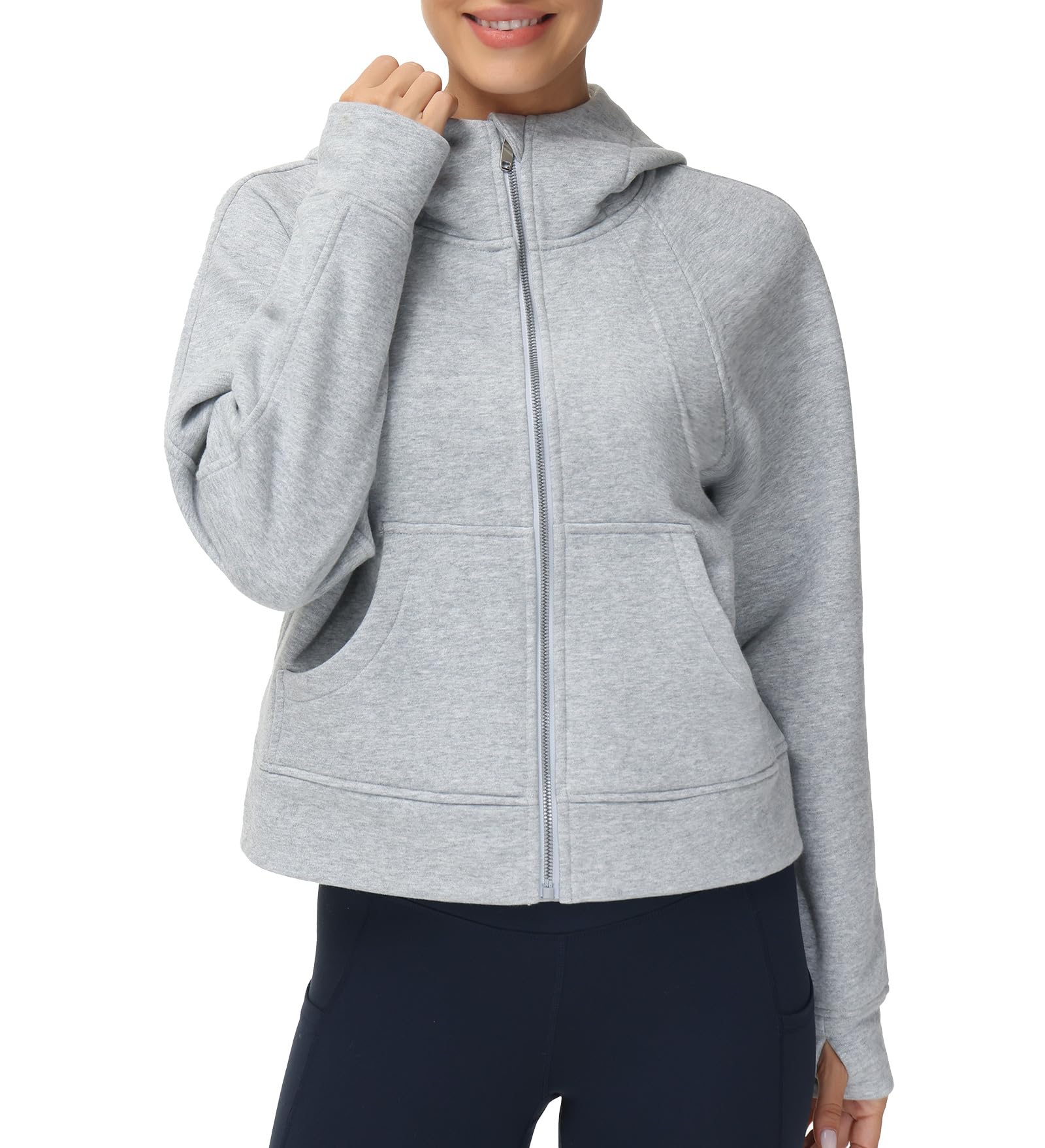 THE GYM PEOPLE Women's Full-Zip Up Hoodies Jacket Fleece Workout Crop Tops Sweatshirts with Pockets Thumb Hole