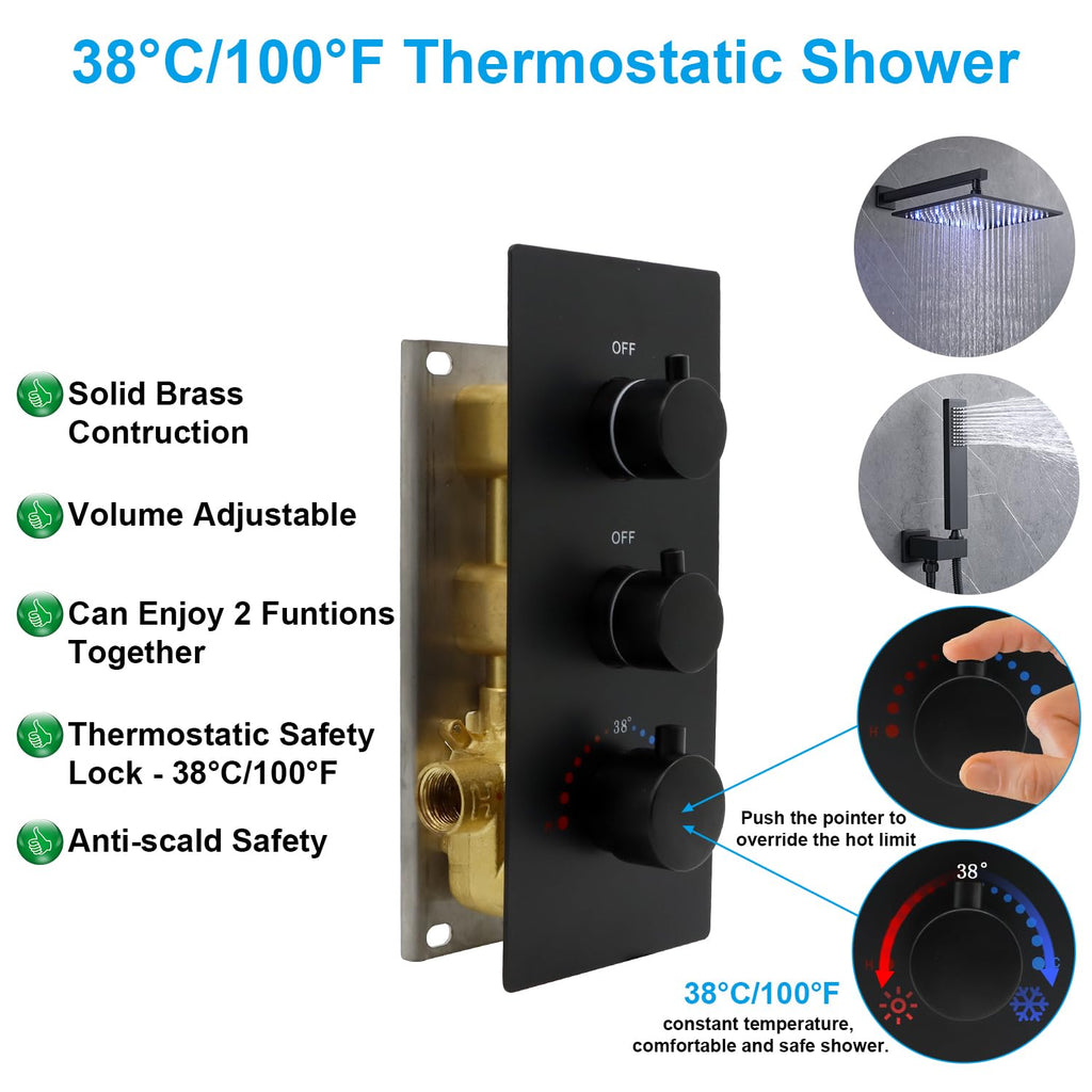 HOMEDEC 2 Way Shower Diverter Valve Brass Dual Functions Thermostatic Shower Mixing Valve Kit 3 Handle Flow Control Valve, 3/4 Inch Inlet, Can Use All Options At a Time, Matte Black