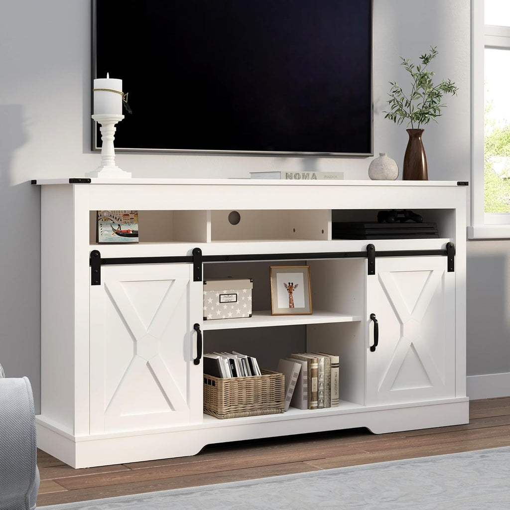 FansaFurn Farmhouse TV Stand for 65+ Inch TV, 34'' Tall Entertainment Center with Sliding Barn Doors, Rustic Wood Media Console Storage Cabinet Television Stand for Living Room, Bedroom (Black)