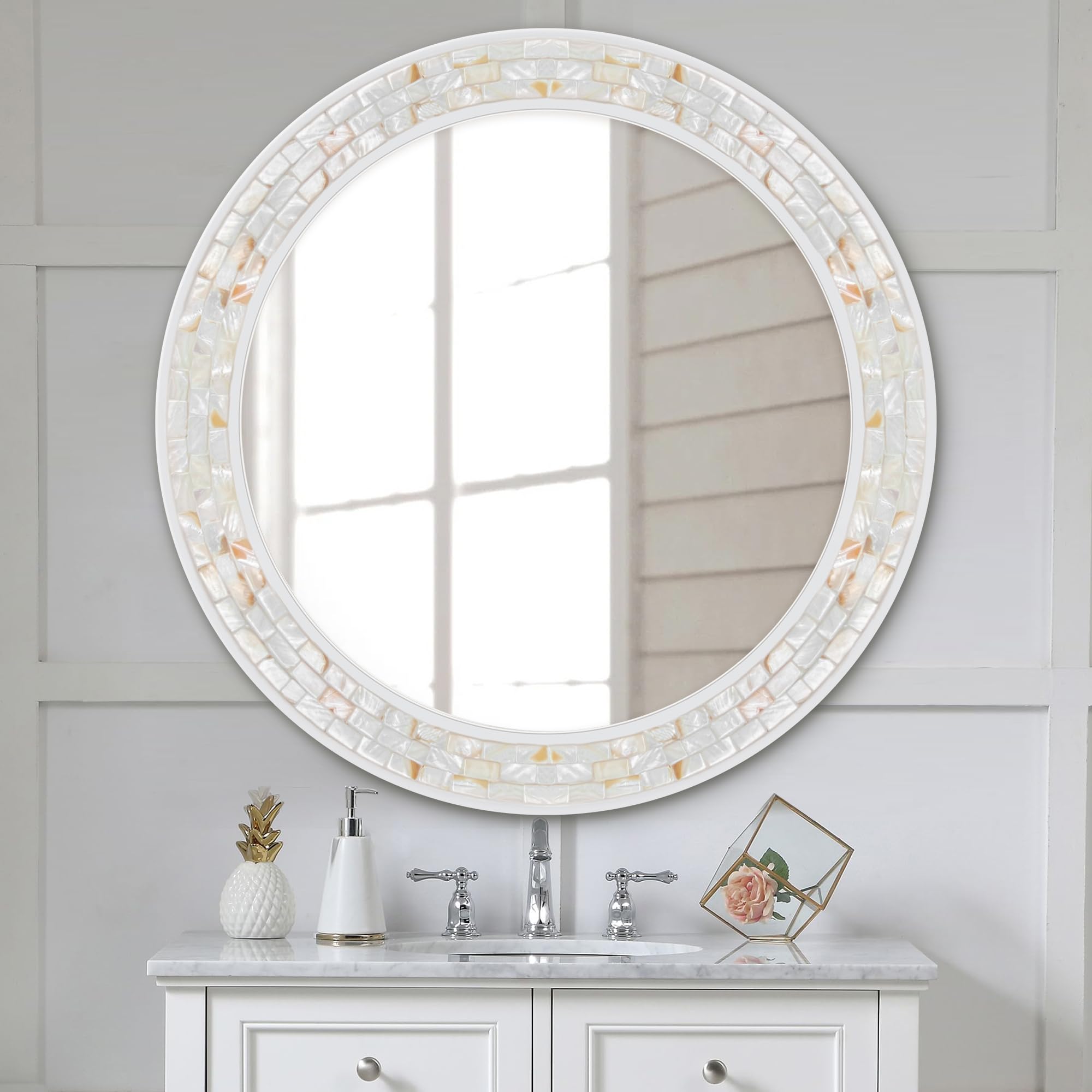 Tanmicoshomy Round Wall Mirror 24 Inch,Circle Mosaic Mirror with Natural Mother of Pearl and Wood Frame, Decorative Coastal Round Wall Mirror for Bathroom Bedroom Living Room Entryway