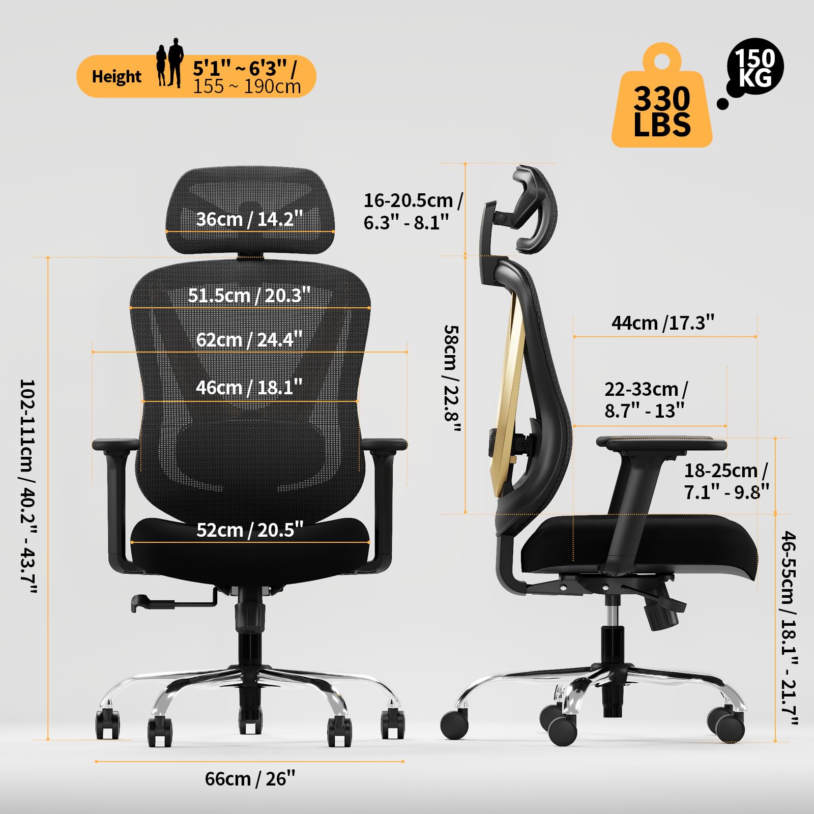 HOLLUDLE Ergonomic Mesh Office Chair - 3D Adjustable Lumbar Support & 3D Armrests, V-Shaped Back, Adjustable Desk Chair for Office & Home, Black