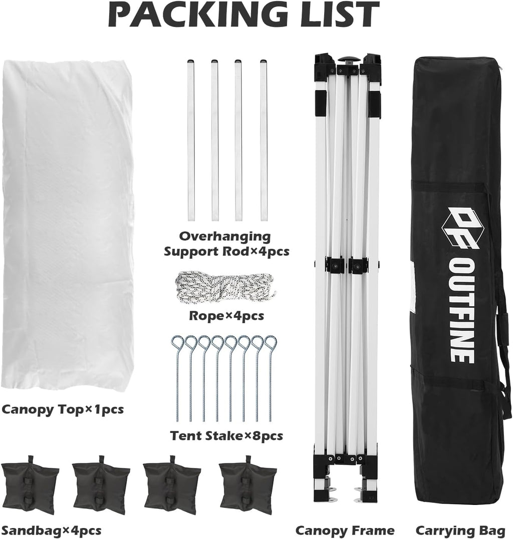 OUTFINE 10×10 Pop Up Canopy-Heavy Duty Canopy Tent with Sturdy Metal Frame(8×8 Base), Carrying Bag, Sandbags×4,Tent Stakes×8 for Events,Camping&Parties(White,10 * 10FT)