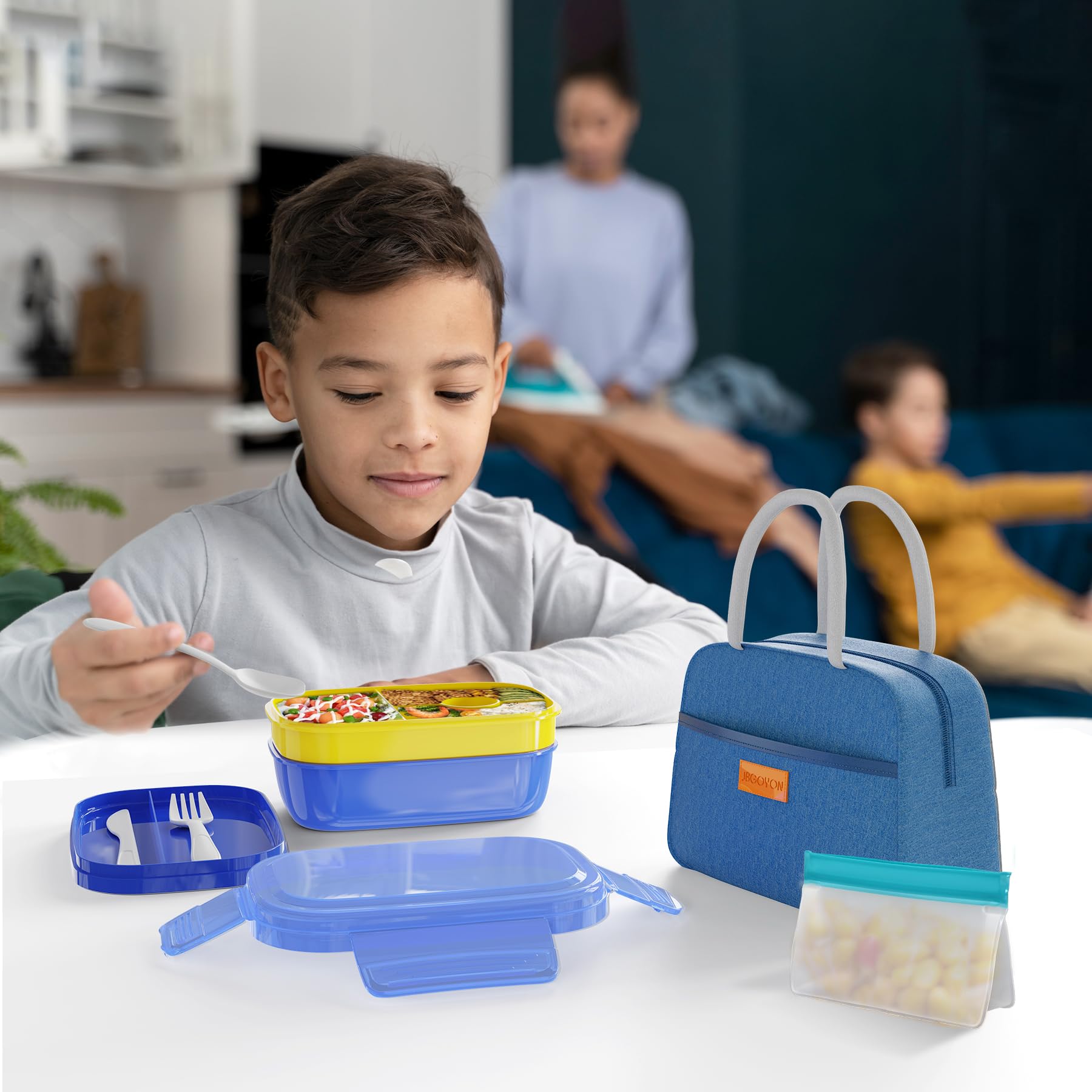 JBGOYON® Bento Lunch Box Set - 3 Stackable Containers for Adults and Kids- Includes Lunch Bag, Leak-Proof and BPA-Free - Built-in Utensil Set and Snack Bag - Dishwasher Safe(Grey Black)