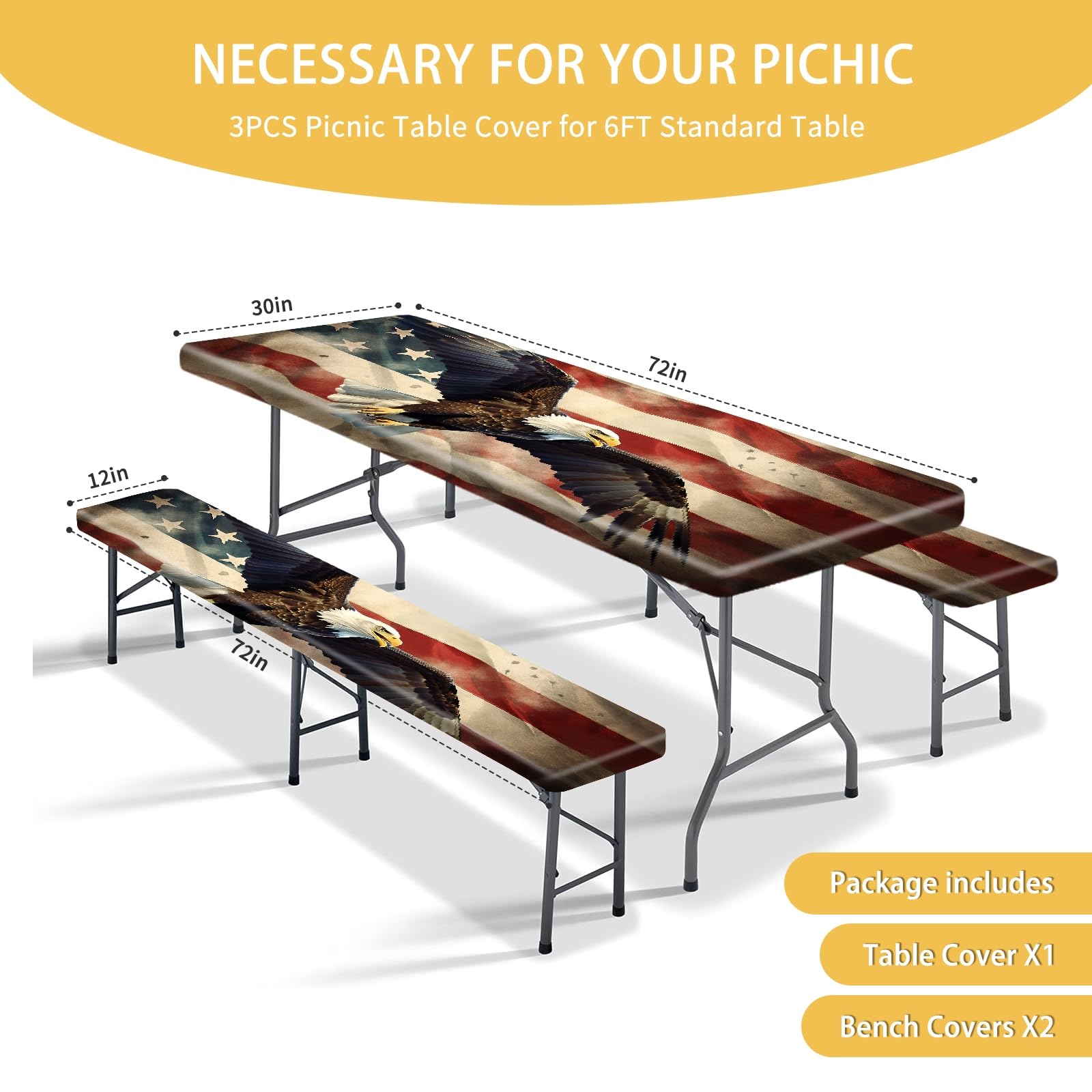 Park Picnic Table Cover with Bench Covers Lightweight Camping Essentials, Oil-Proof Waterproof 3PCS Tablecloth with Elastic, Fitted for Table 6FT Rectangle and Seats, American Flag Eagle (72x30in)