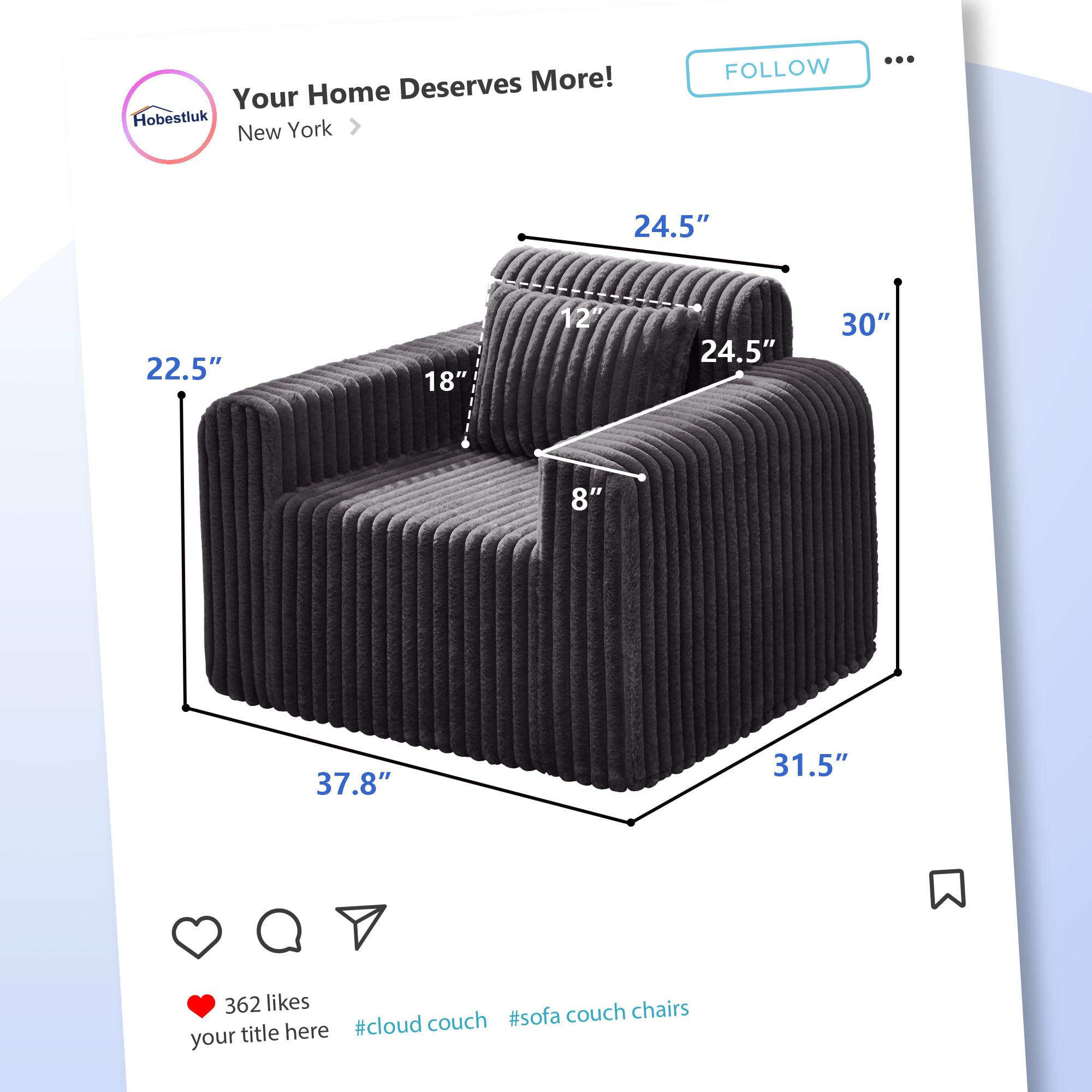 Hobestluk Single Sofa Foam Couch Sofa for Small Spaces Comfy Sofas with Removable Cover Furry Couch with Pillows for Living Room, Bedroom, Apartment, Office (Black, Standard)