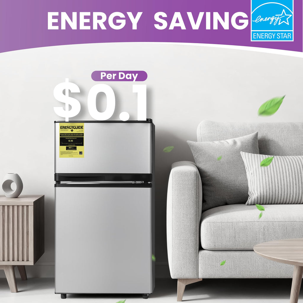 Tehanld 3.6 Cu.Ft Double Door Mini Fridge with Freezer, Compact Refrigerator with Removable Shelves, Low Noise Small Fridge for Dorm, Bedroom, Office and Apartment, Black