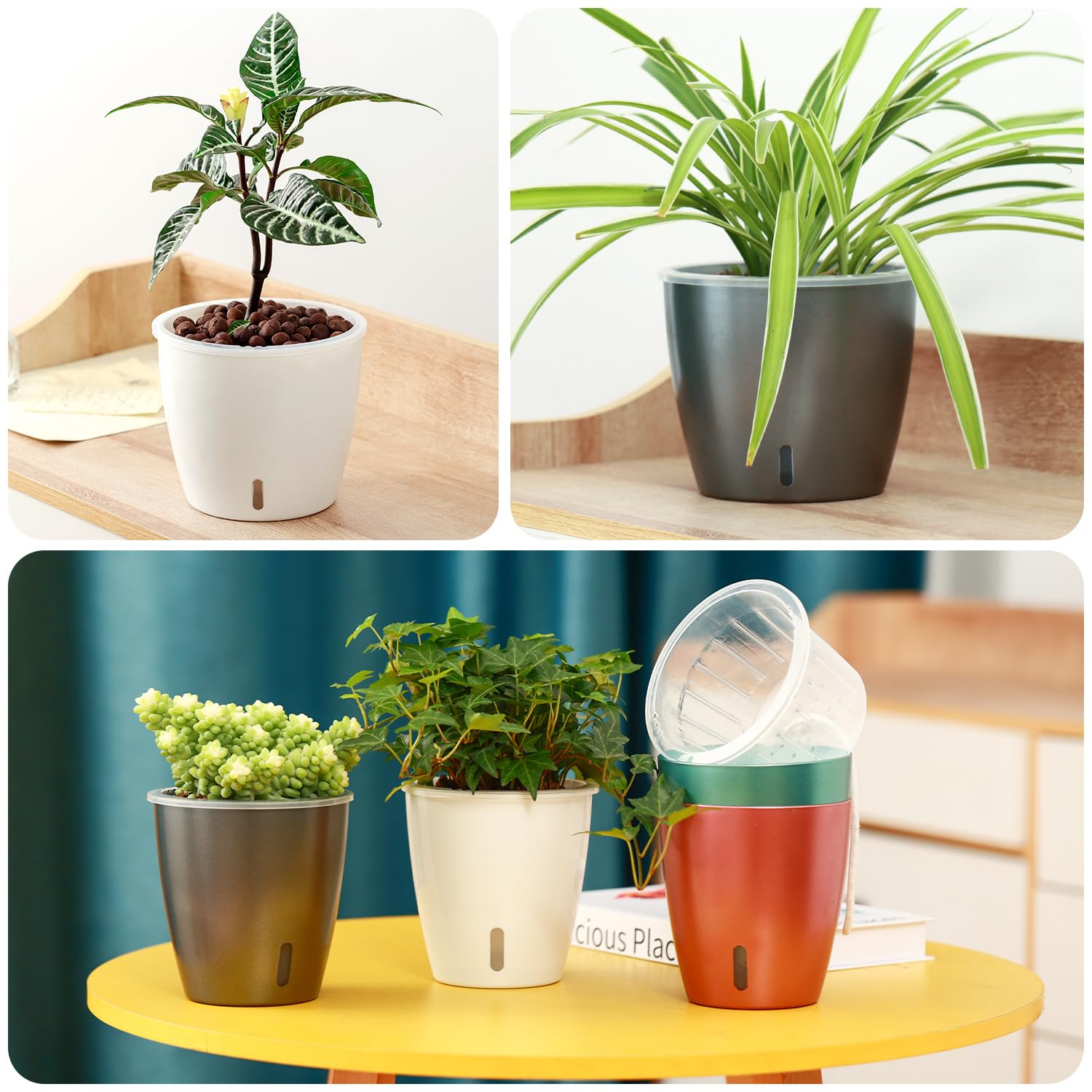Self-Watering Pots for Indoor Plants, 16-Pack Self Watering Planter with Drainage Holes, Small African Violet Pots with Water Indicator, 10-Pack 5''/6-Pack 6.7'' Orchid Pot, Black
