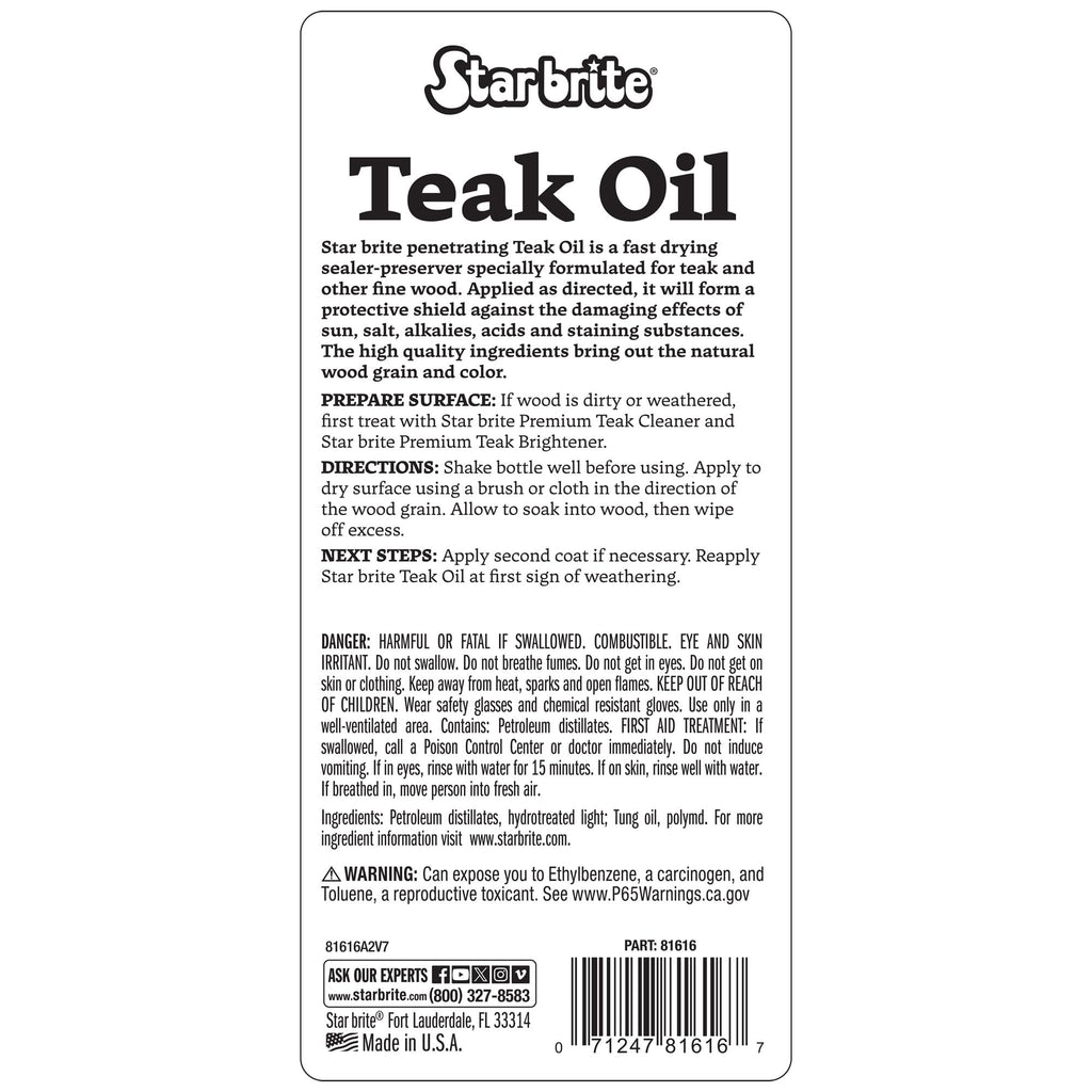STAR BRITE Marine Grade Teak Oil - Long-Lasting, UV-Resistant Wood Sealer & Preserver With UV Protection for Boats, Outdoor Furniture & All Fine Wood