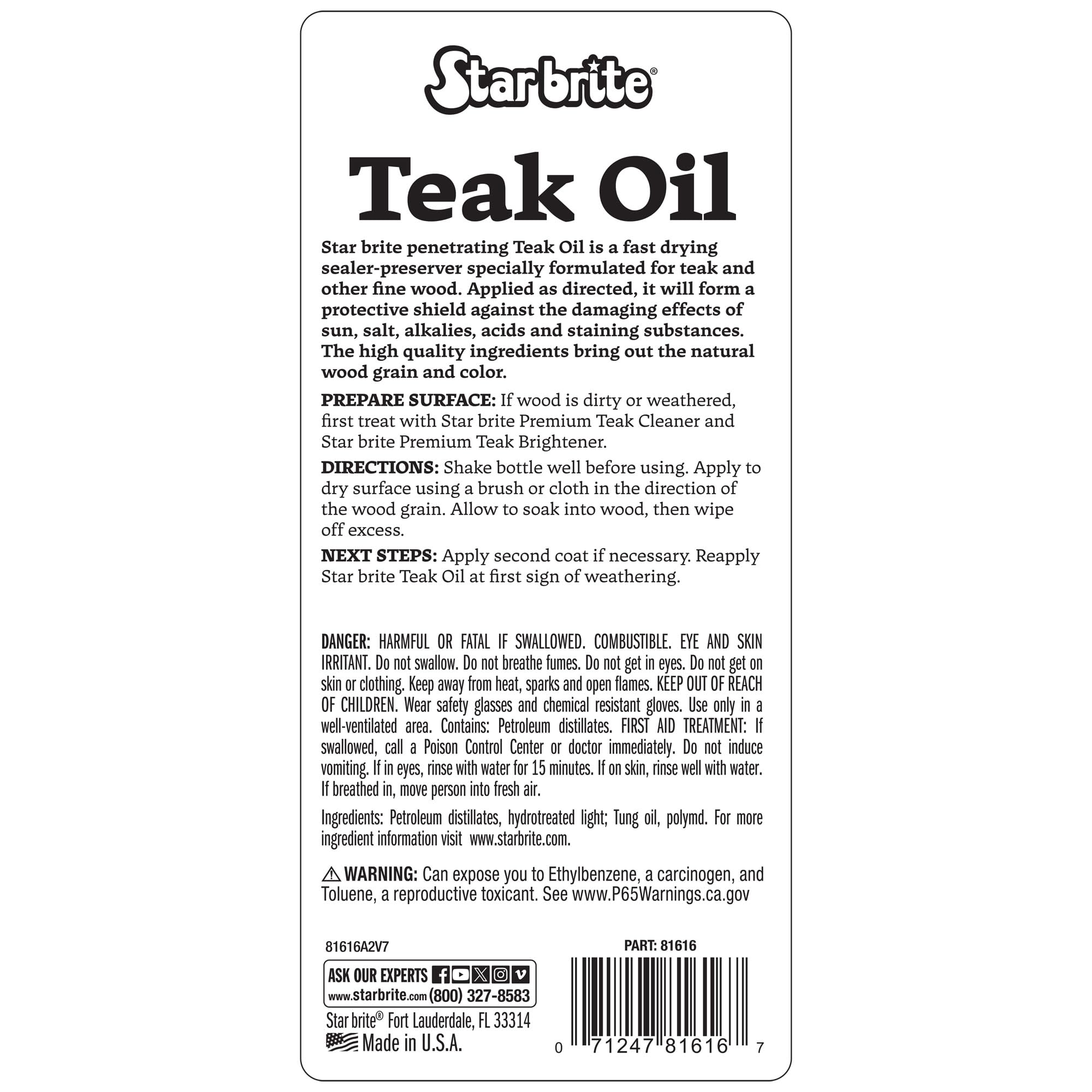 STAR BRITE Marine Grade Teak Oil - Long-Lasting, UV-Resistant Wood Sealer & Preserver With UV Protection for Boats, Outdoor Furniture & All Fine Wood