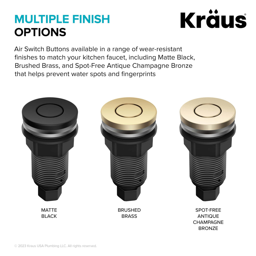 KRAUS Garbage Disposal Air Switch Kit with 2 Flat-Top Push Buttons in in Spot-Free Stainless Steel and Brushed Brass, AC Adapter, Power Cord, and Air Tube Included, KWDA-200BB