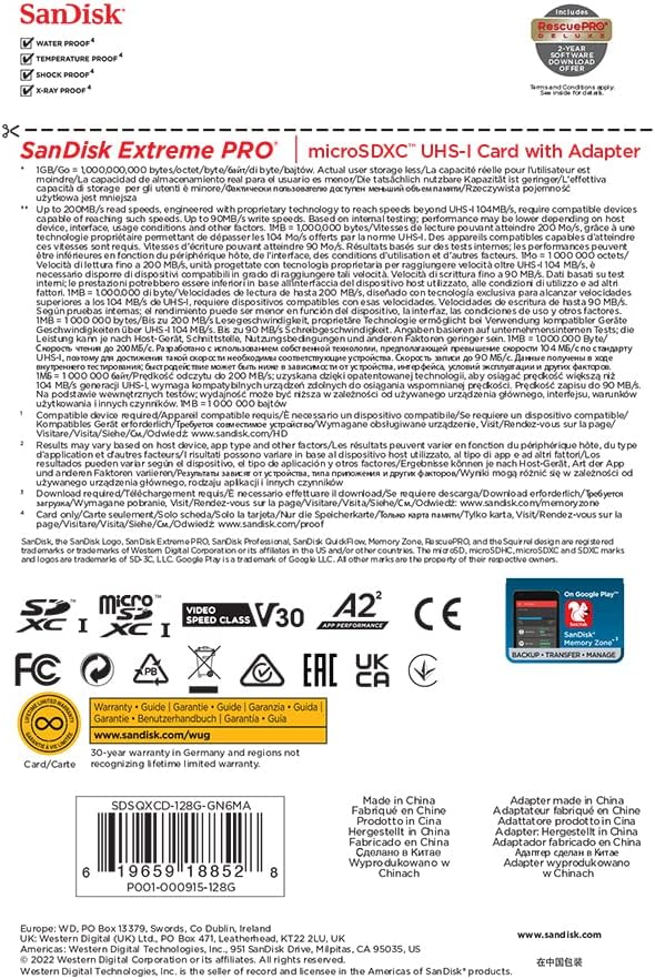 Sandisk SDSQXCD-128G-GN6MA Extreme Pro Microsdxc 128gb+sd Flsh Adapter 200mb/s 90mb/s A2 C10 V30 U