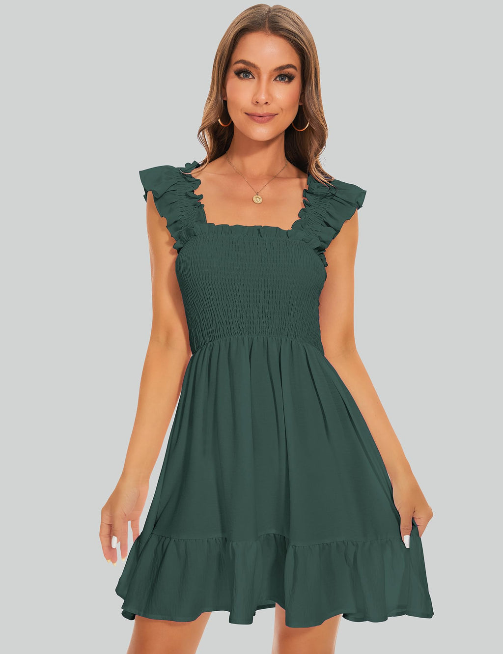 ROYLAMP Women's Smocked Dresses Square Neck Elegant Tiered Boho Ruffle Shoulder Swing Flowy Summer Casual Mini Dress