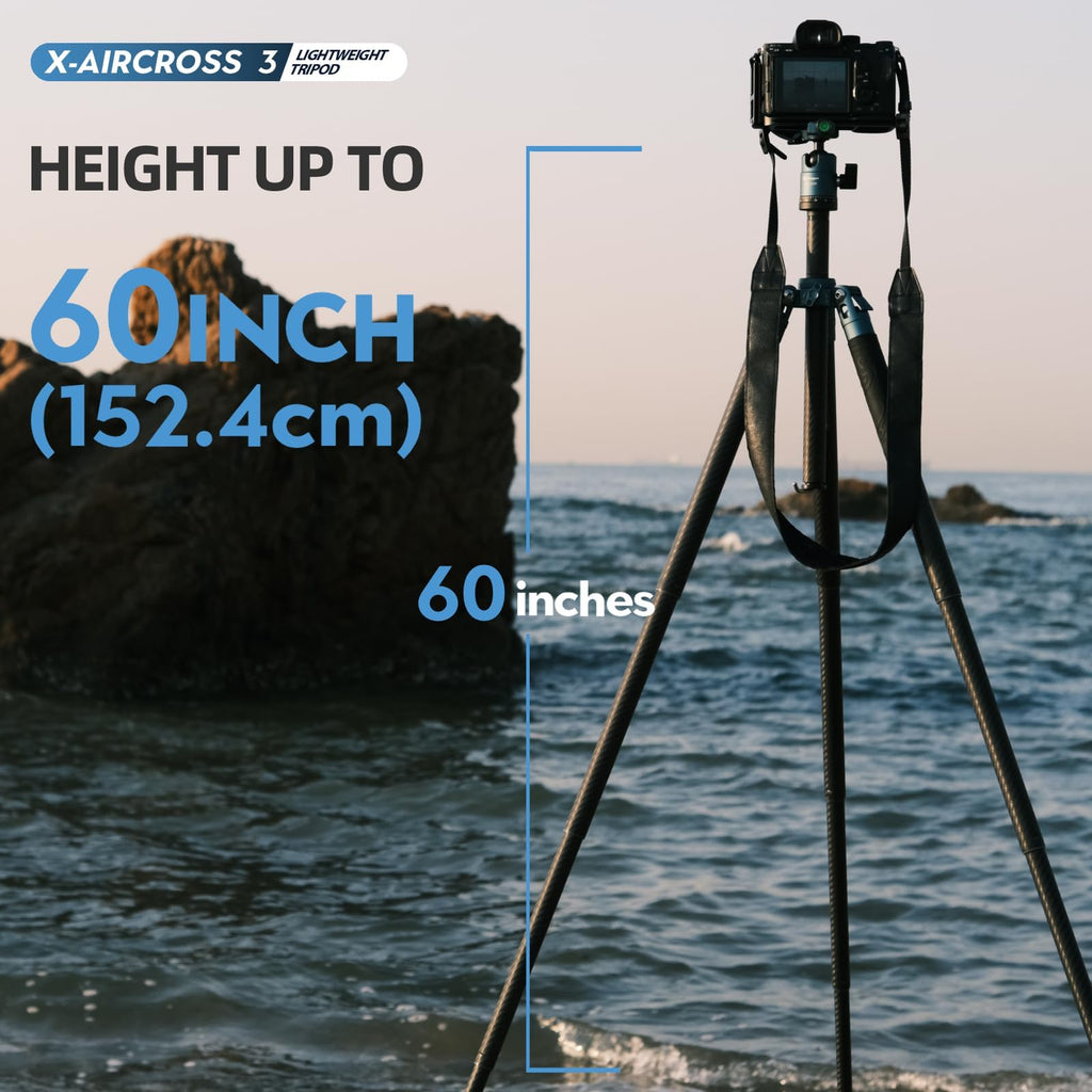 Fotopro 60" Camera Tripod, Carbon Fiber Travel Tripod with 360° Ball Head, Ultralight 2.1lbs, 22lbs Load, Quick Lock, Folds to 14.3" Carry-On, for DSLR Mirrorless Cameras, X-Aircross 3 Blue