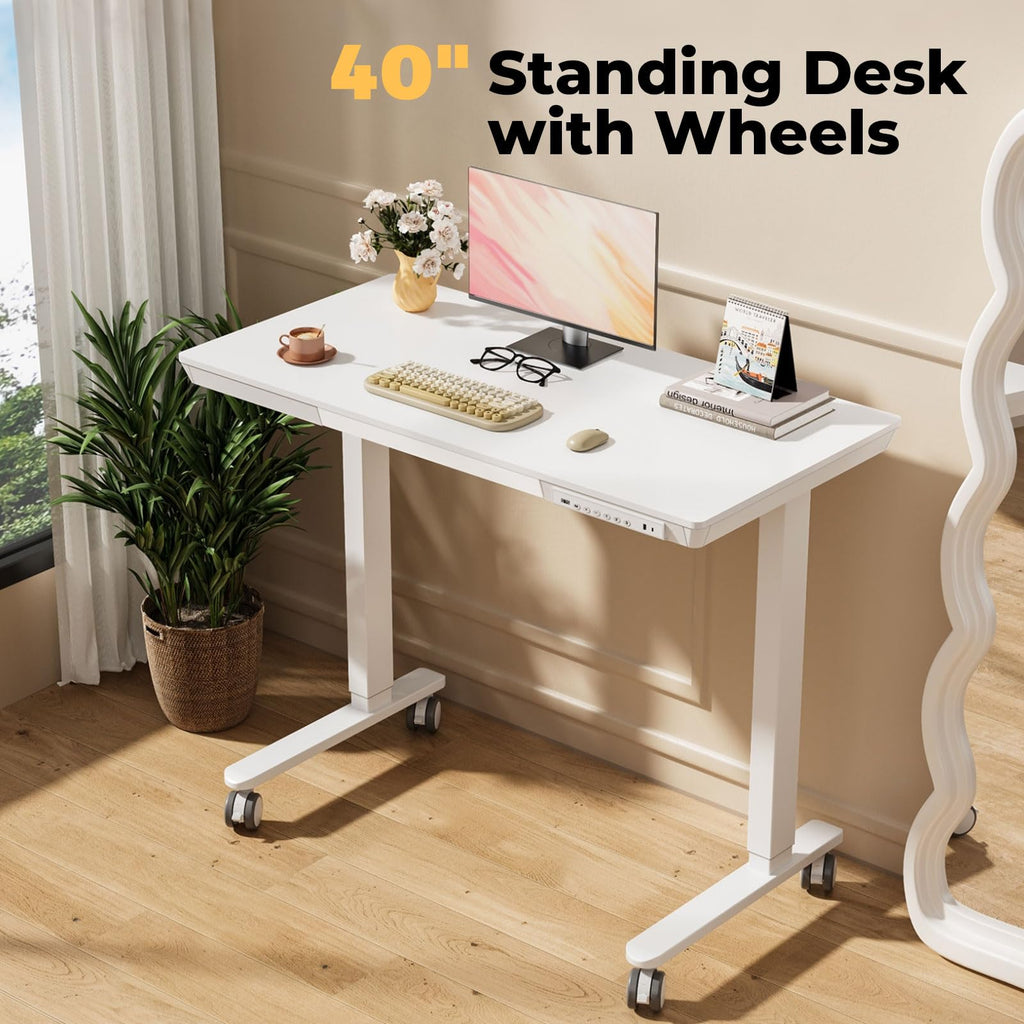 Glass Electric Standing Desk with Drawer, 35" x 20" Whole Piece Tabletop Samll Sit Stand Table, Height Adjustable Workstation with Storage & USB Ports, Quick Install Home Office Desk