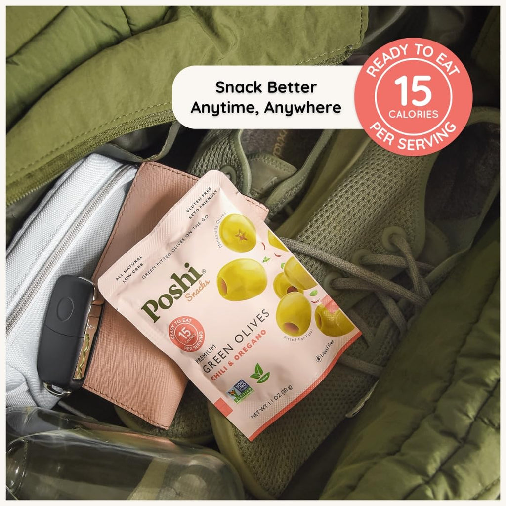 POSHI Green Pitted Olives - Basil & Garlic | Vegan, Kosher, Gluten Free + Keto Friendly, Fresh, Low Calorie Healthy Snacks | (30 Pack, 1.1oz Bags)