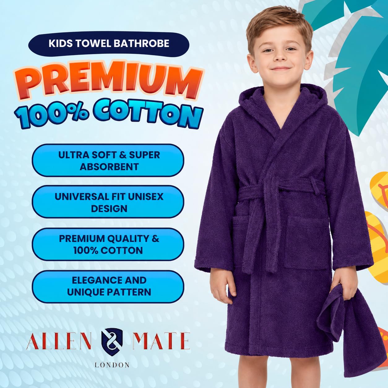 ALLEN & MATE 100% COTTON Hooded Kids Bathrobe – Soft, Medium Weight Absorbent Bath Towel Robe for Boys & Girls, 6-15 Years