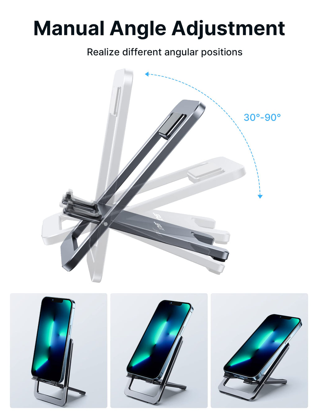 JSAUX Cell Phone Stand, Foldable Aluminum Adjustable Phone Holder for Desk Portable Travel Essentials Office Accessories for iPhone 17 16 15 14 13 Pro Max Samsung S25 S24 S23 Ultra Kindle-Black