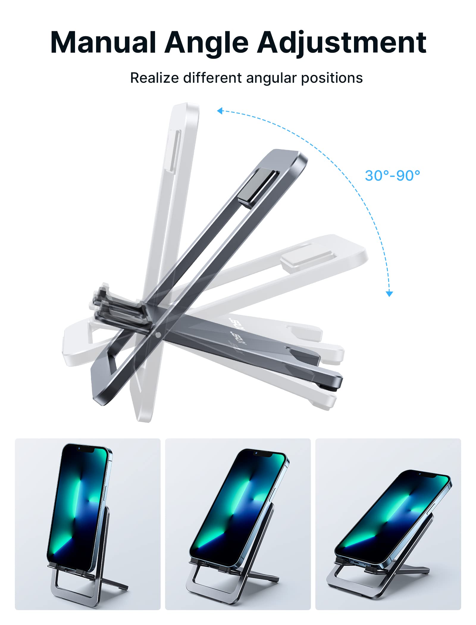 JSAUX Cell Phone Stand, Foldable Aluminum Adjustable Phone Holder for Desk Portable Travel Essentials Office Accessories for iPhone 17 16 15 14 13 Pro Max Samsung S25 S24 S23 Ultra Kindle-Black