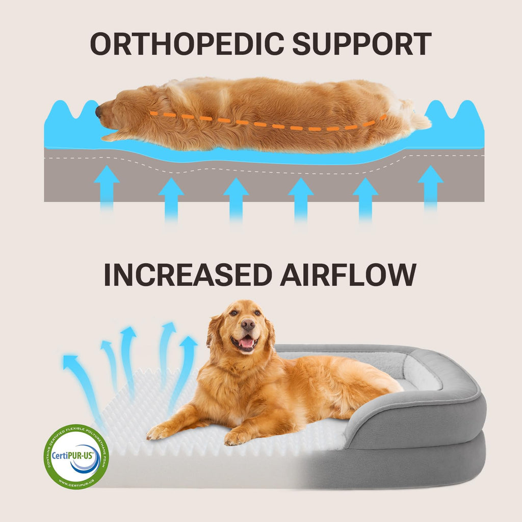 Soft Touch Orthopedic Dog Bed for Large Dogs with Faux Fur Top, Waterproof Pet Couch Bed with Removable Washable Cover and Supportive Foam Filling (Grey, Large)