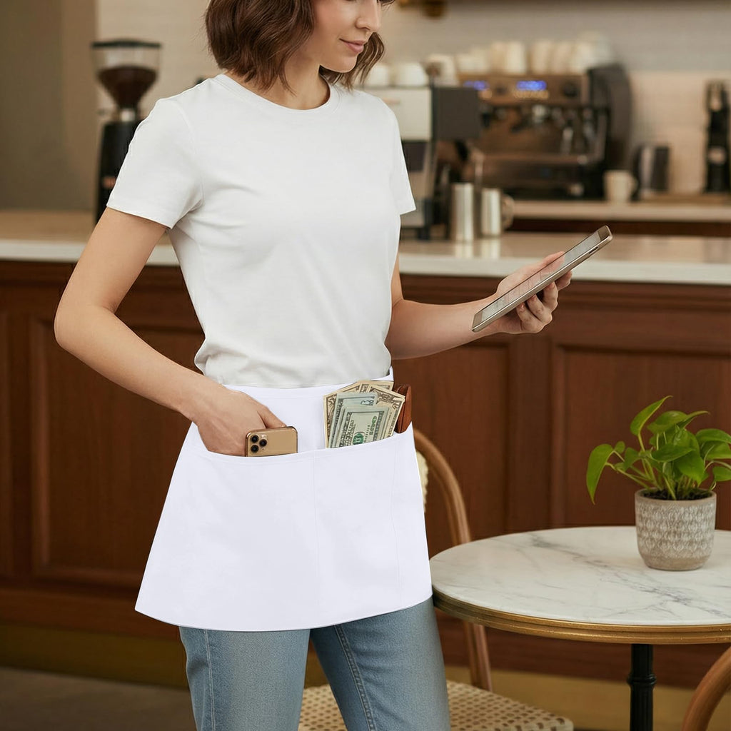BOHARERS Waist Apron with 3 Pockets - White Waitress Waiter Server Short Apron