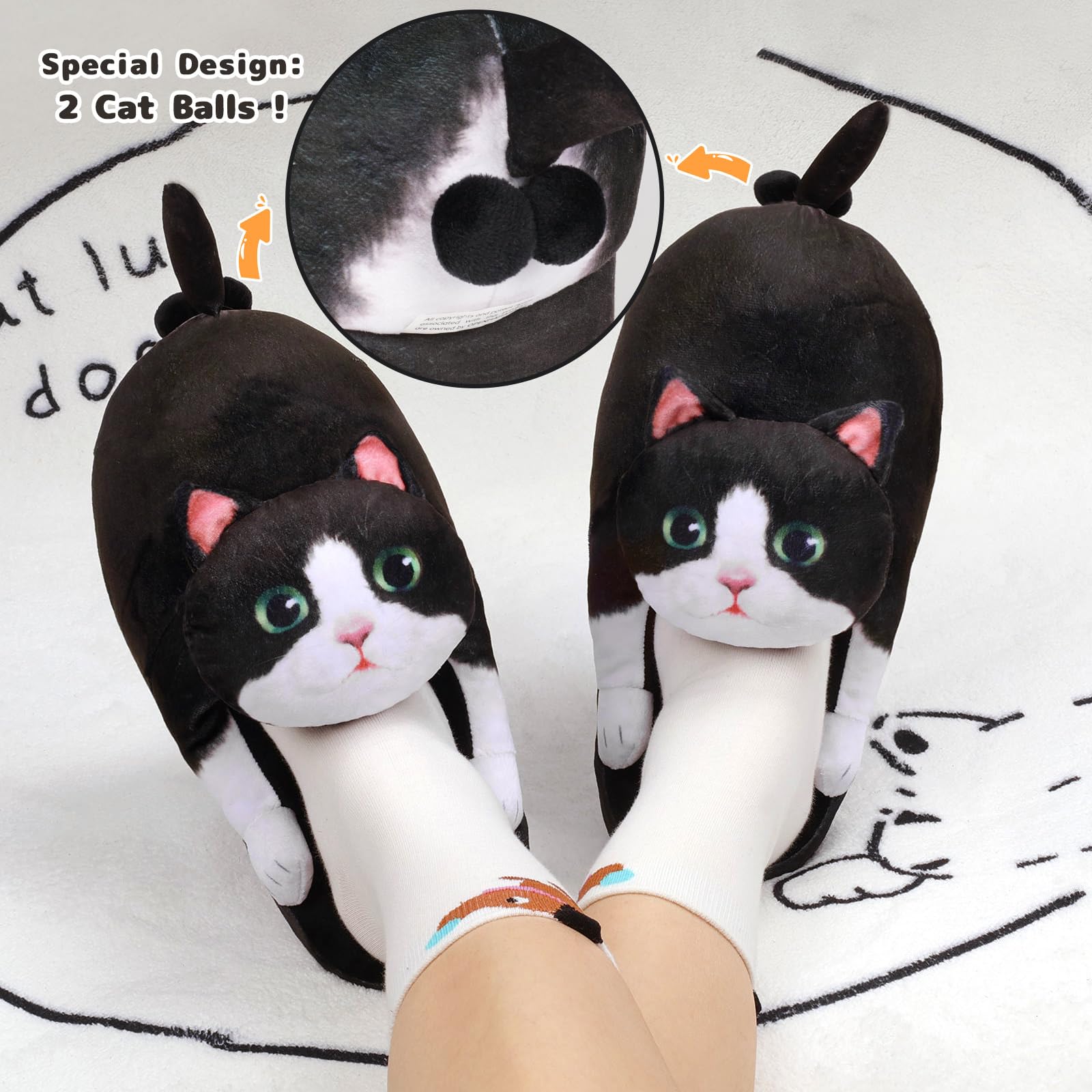 Funny Cat Slippers for Women,Fuzzy Animal Indoor House Shoes with Soft Memory Foam,Comfy Plush Warm Slip-on Slippers,Cat Gifts for Cat Lover