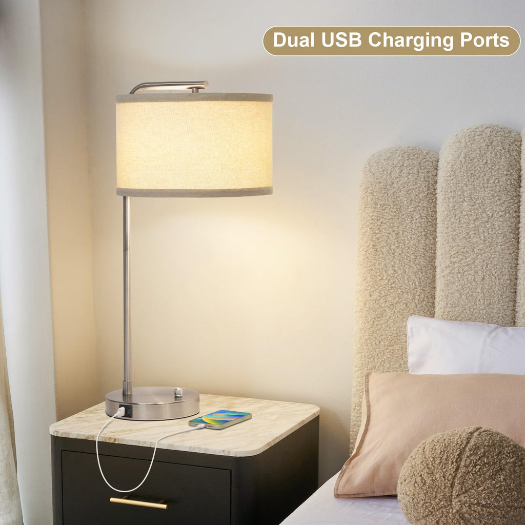 Table Lamps Set of 2, Fully Dimmable Bedside Lamp with USB C+A Charging Ports, Modern Nightstand Lamps with Linen Fabric Shades, Tall Desk Lamp for Bedroom, Living Room, Office, LED Bulb Included