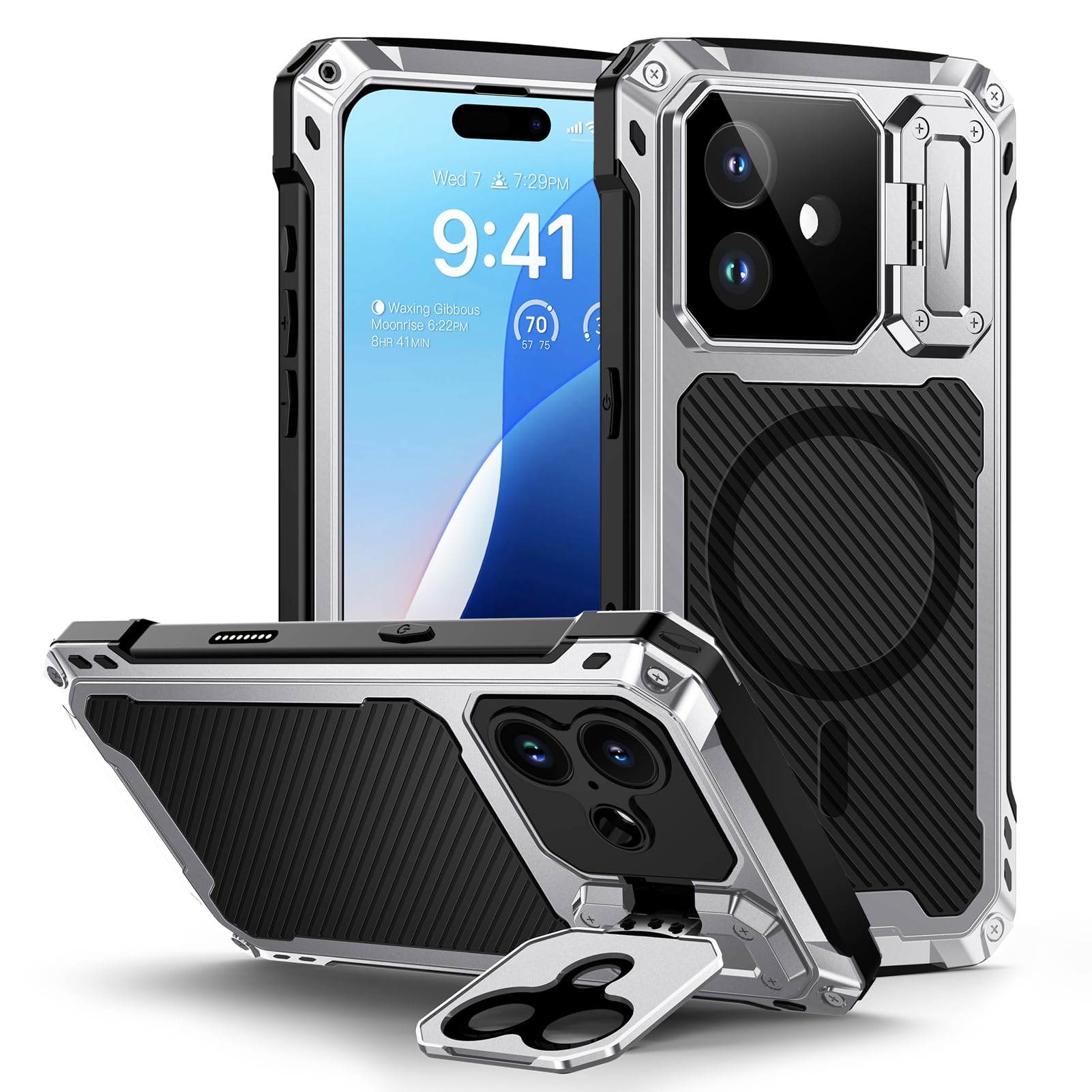 Lanhiem for iPhone 16 Metal Case with Camera Cover & Stand [Compatible with MagSafe] [Built-in Kickstand] [Military-Grade Protection] Heavy Duty Rugged Magnetic Phone Case, Black