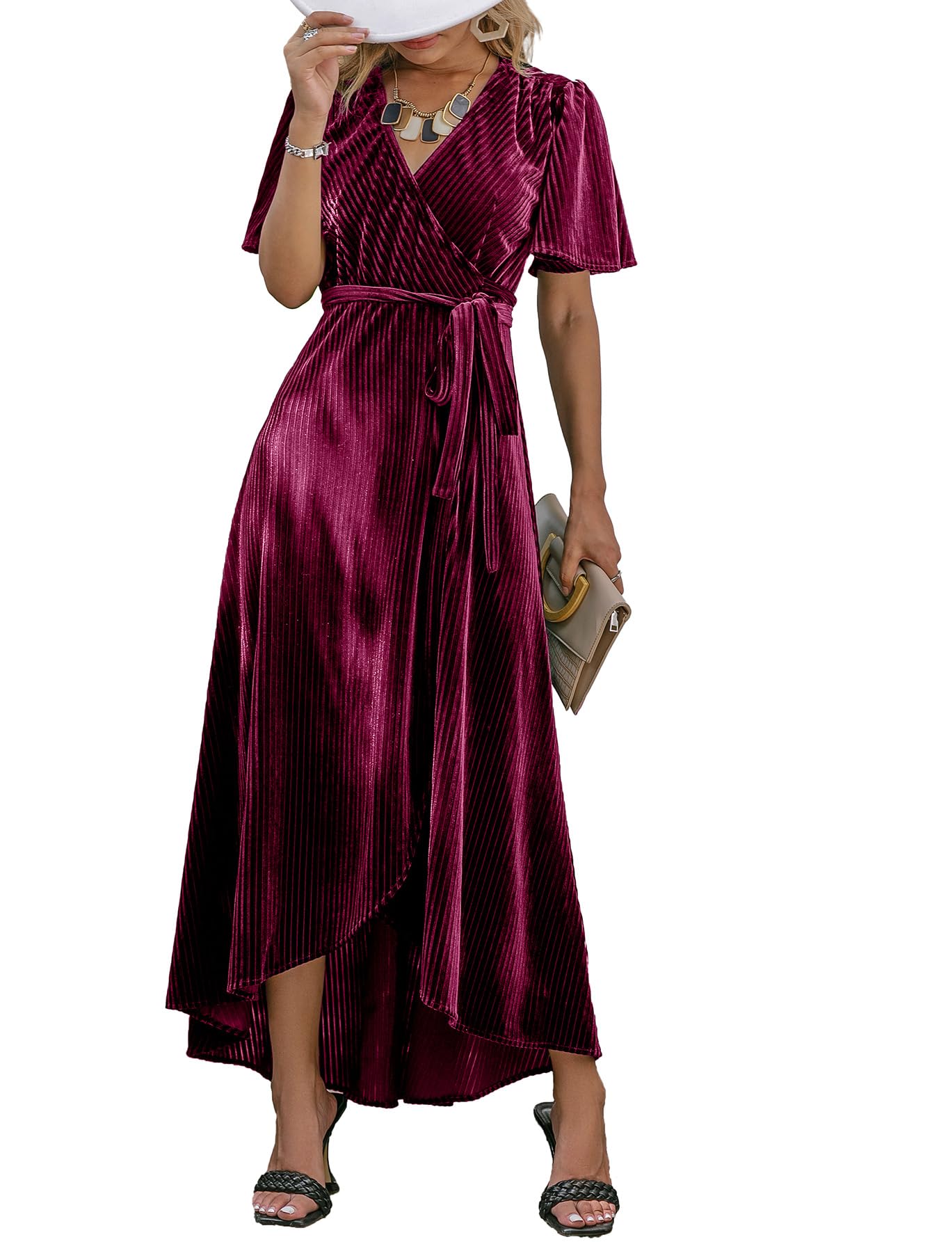 BerryGo Women's Velvet V Neck Wrap Semi Formal Dress Cocktail Party Maxi Dress for Wedding Guest