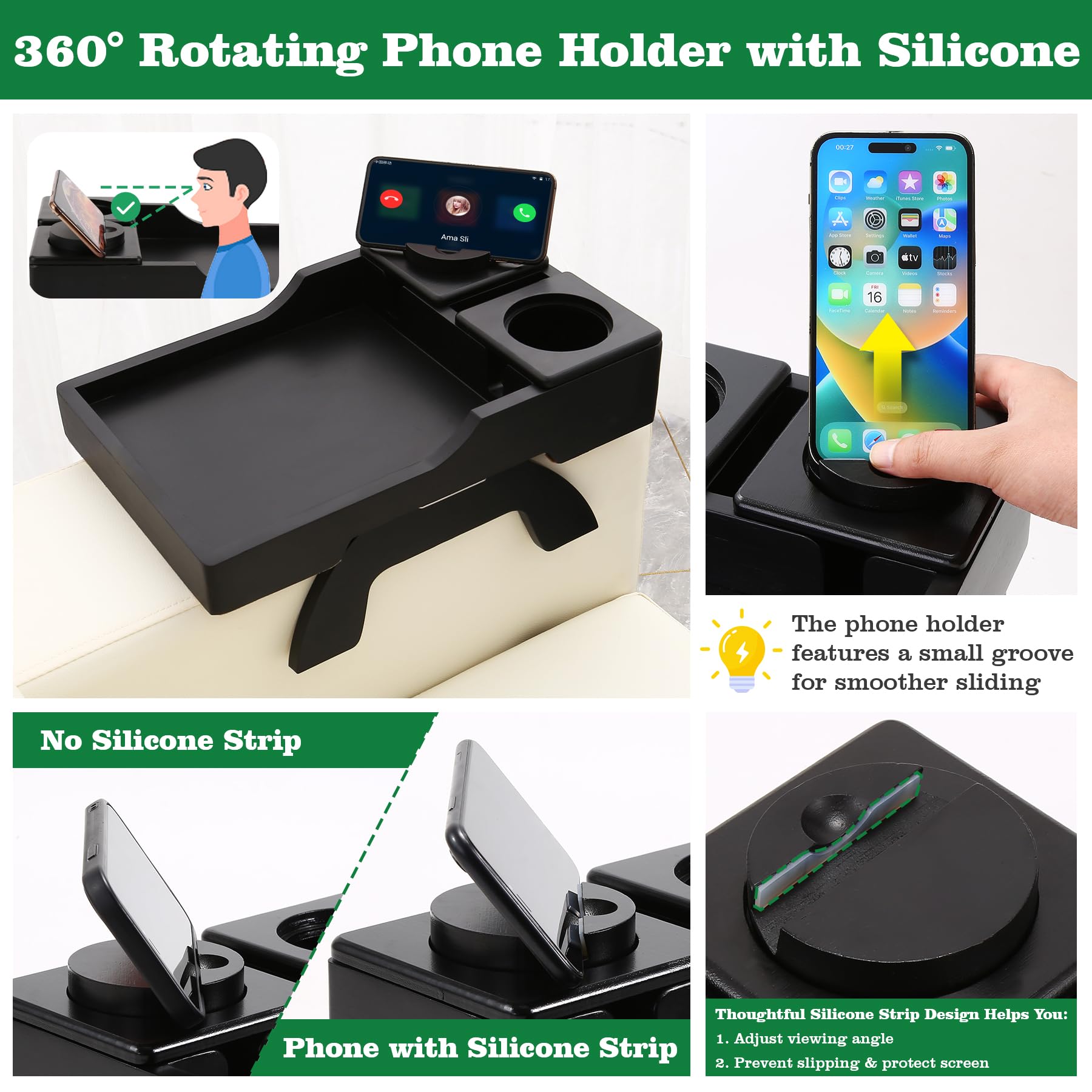 GHKINMAL Couch Cup Holder Tray, 15.4"x9.9" Large 4 in 1 Couch Arm Tray with 360°Rotated Phone Holder, Non-Slip Clip on Side Table for Drinks/Remote/Snacks, Ideal Gift for Husband, Wife, Parents