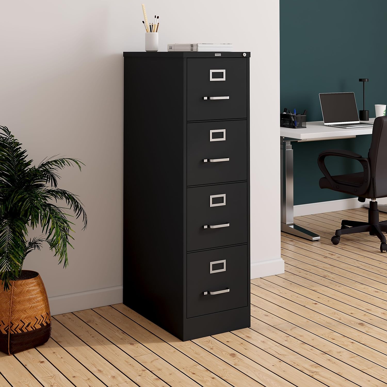 Staples 4-Drawer Vertical File Cabinet, Letter Size Documents, Lockable, 25" D x 15" W x 51.97" H, Black